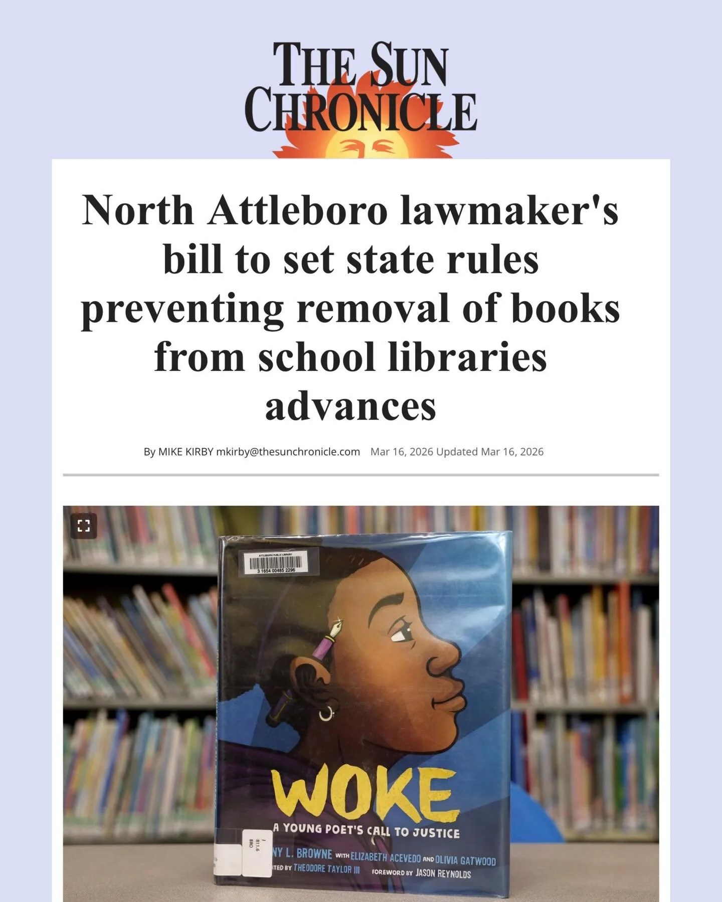 More press about &ldquo;An Act Regarding Free Expression&rdquo;! Mike Kirby at @thesunchronicle wrote about the removal of books from North Attleboro school libraries and Rep. Adam Scanlon (@adamscanlonstaterep )&rsquo;s work as co-sponsor of H.3594.