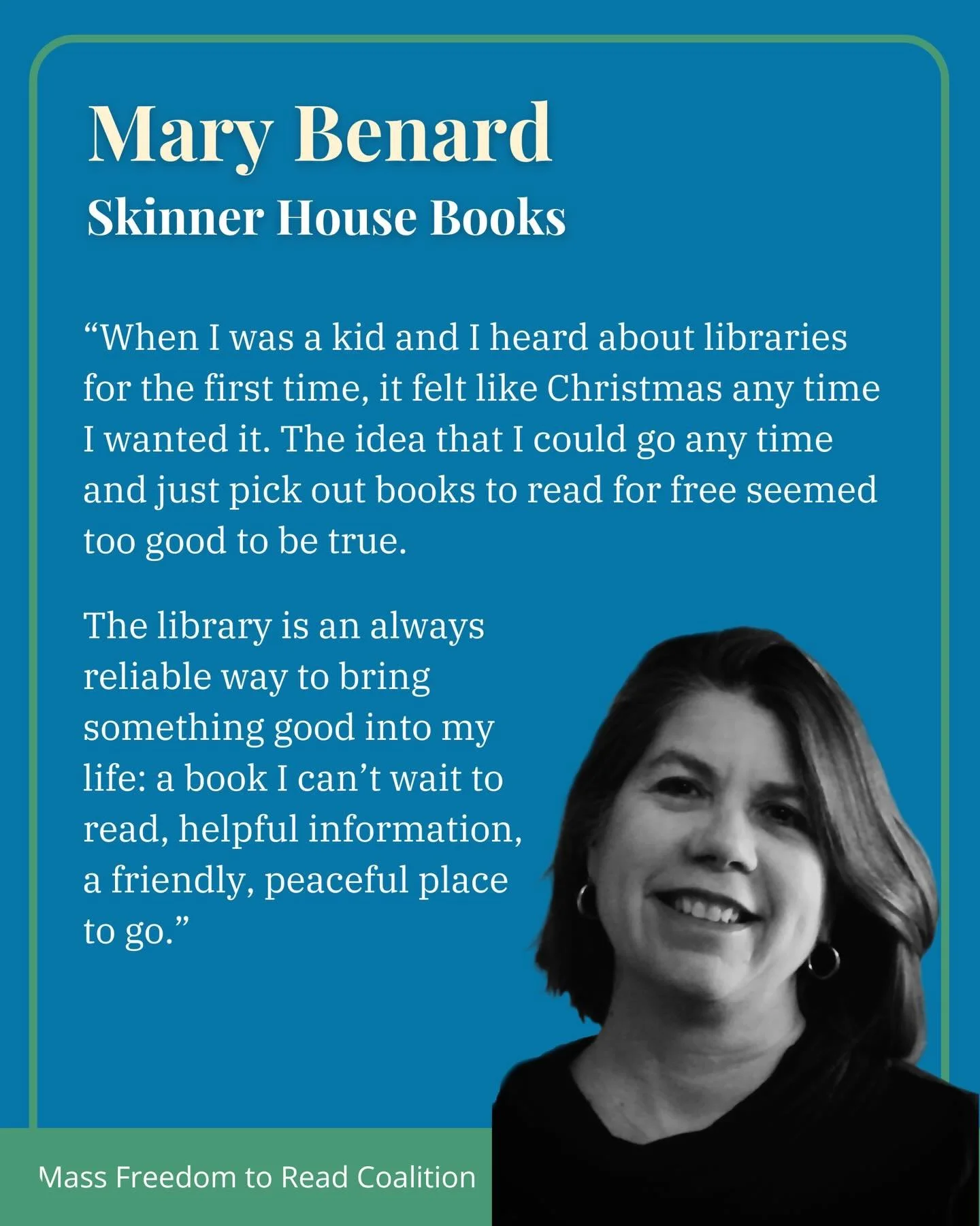 Today Mary Benard from @skinnerhousebooks shares why she loves her library.

Please join us in protecting libraries by supporting H.3594, &ldquo;An Act Regarding Free Expression,&rdquo; which would limit book bans in Massachusetts schools and librari