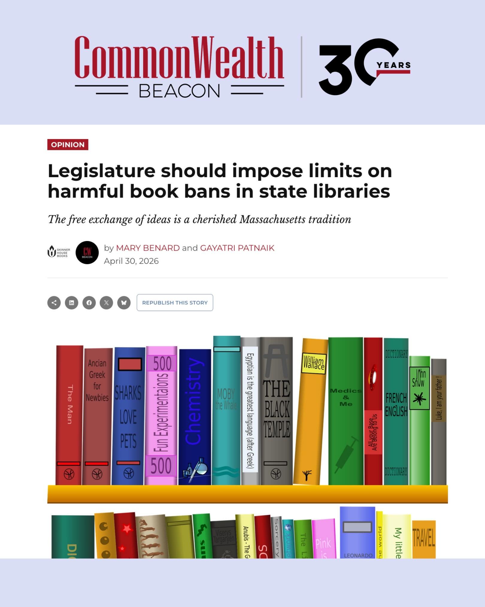 Thank you to our coalition members Gayatri Patnaik at @beaconpress and Mary Benard at @skinnerhousebooks for this op-ed in CommonWealth Beacon! You can read the whole thing on the CommonWealth website: https://commonwealthbeacon.org/opinion/legislatu