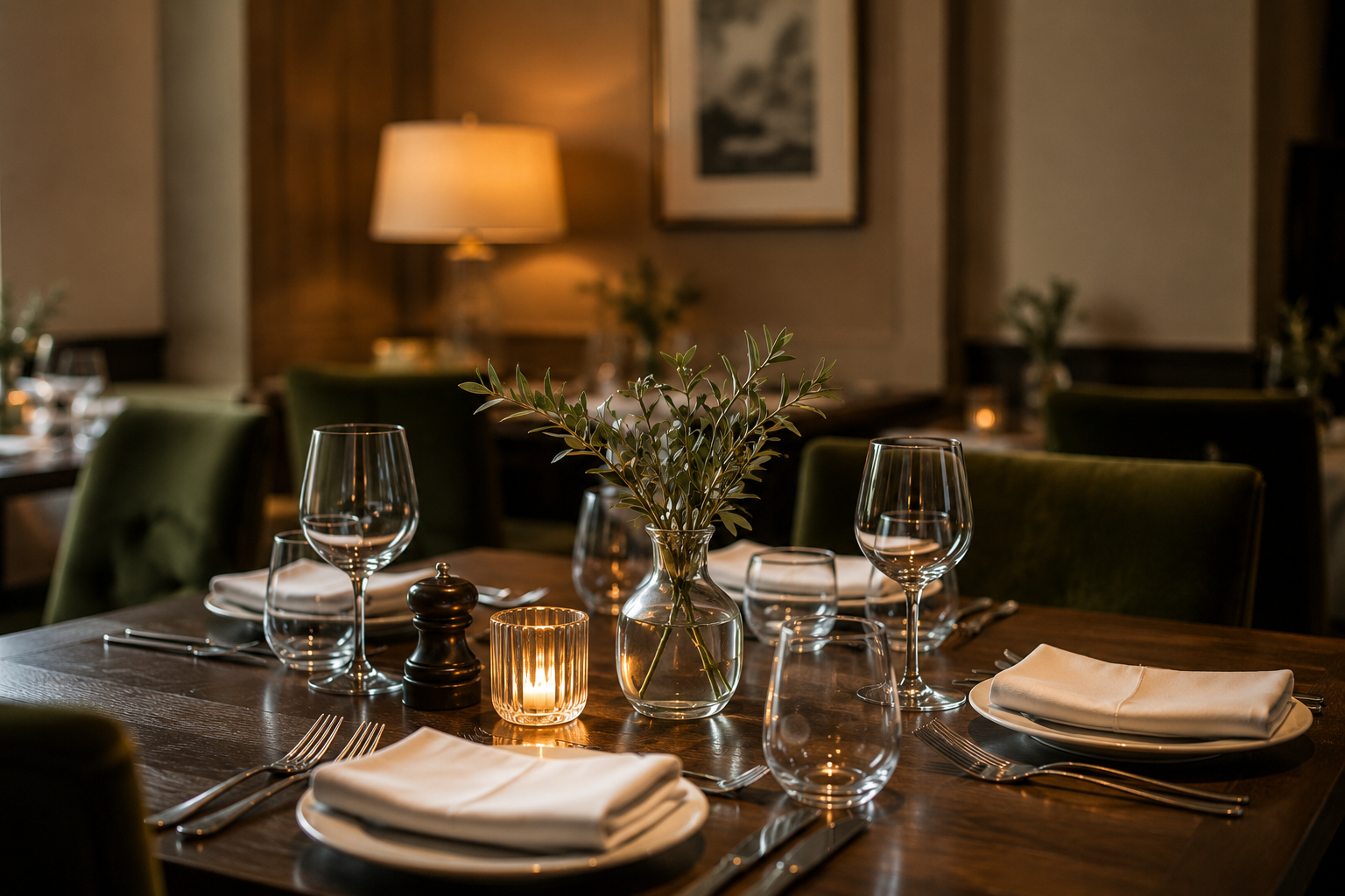 Elegant restaurant table setting with white plates, silverware, wine glasses, a small candle, and a vase with greenery, in a warmly lit dining room.
