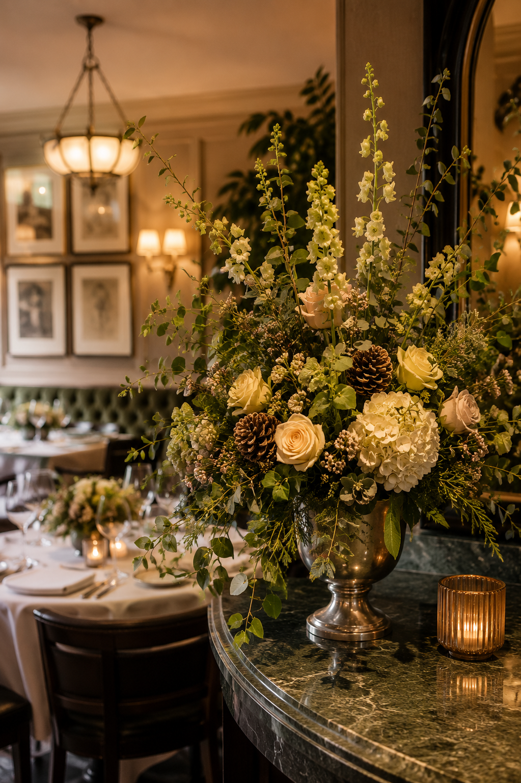 Elegant floral arrangement with white roses, hydrangeas, pinecones, and greenery in a metallic vase on a marble counter, with a softly lit dining area in the background.