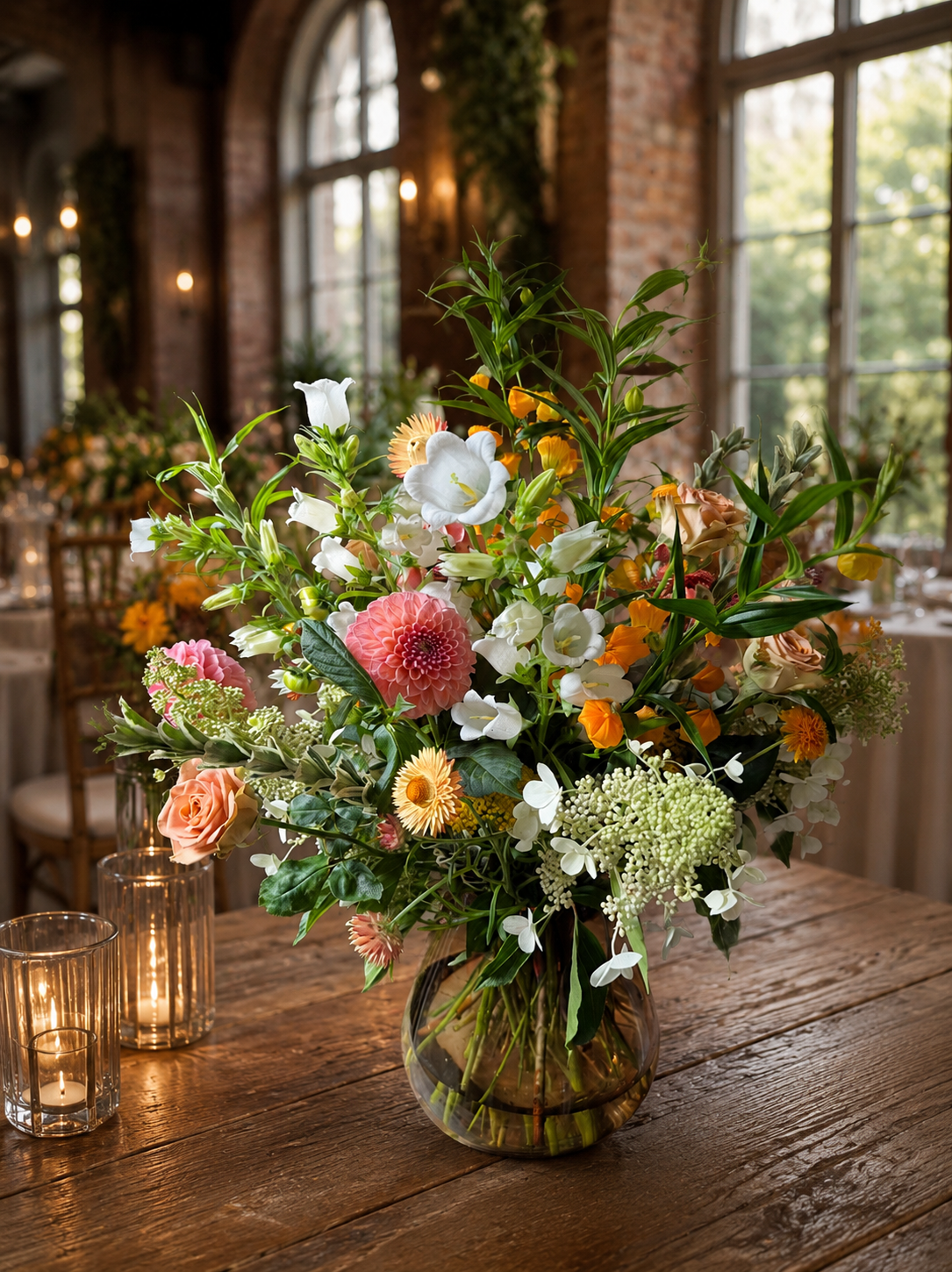 A large colorful flower arrangement with white, peach, and yellow flowers in a glass vase on a wooden table in a rustic venue with brick walls and large windows.