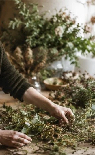 Hands arranging greenery and flowers on a table, with plants and flowers in the background.
