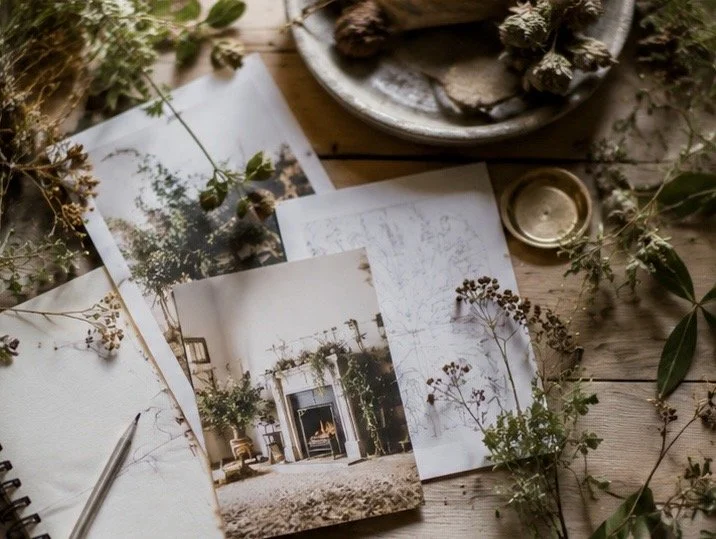 Wedding or event planning materials including photographs, papers, dried flowers, and a candle on a rustic wooden table.