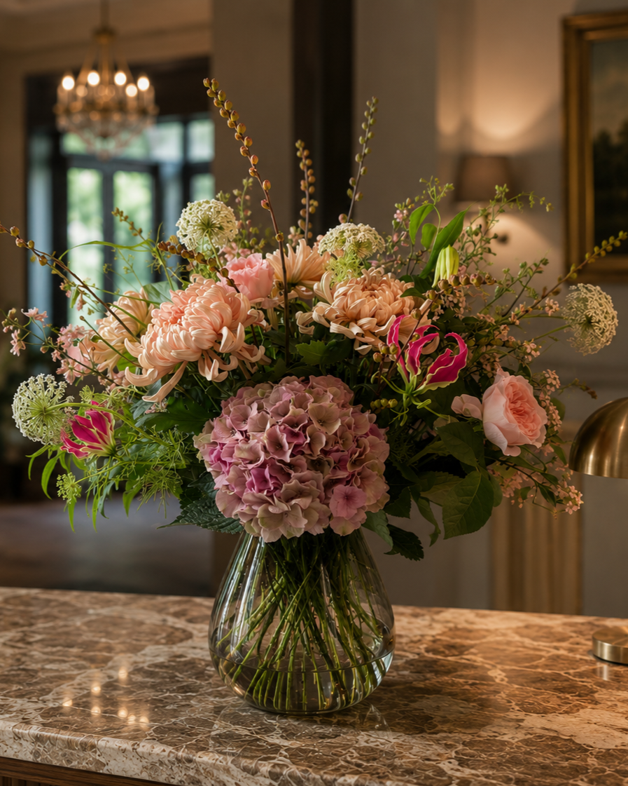 A large floral arrangement with pink, white, and green flowers in a clear vase on a marble countertop in a well-lit room.