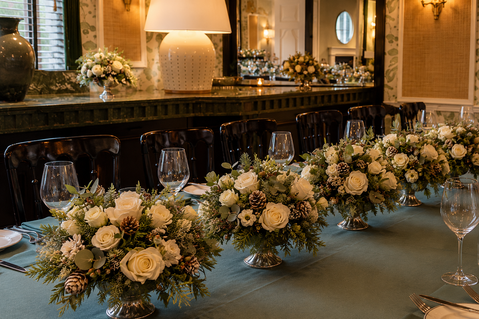 Elegant dining table with white floral centerpieces, surrounded by dark wooden chairs, set with wine glasses and plates in a decorated room with floral wallpaper and a large mirror.
