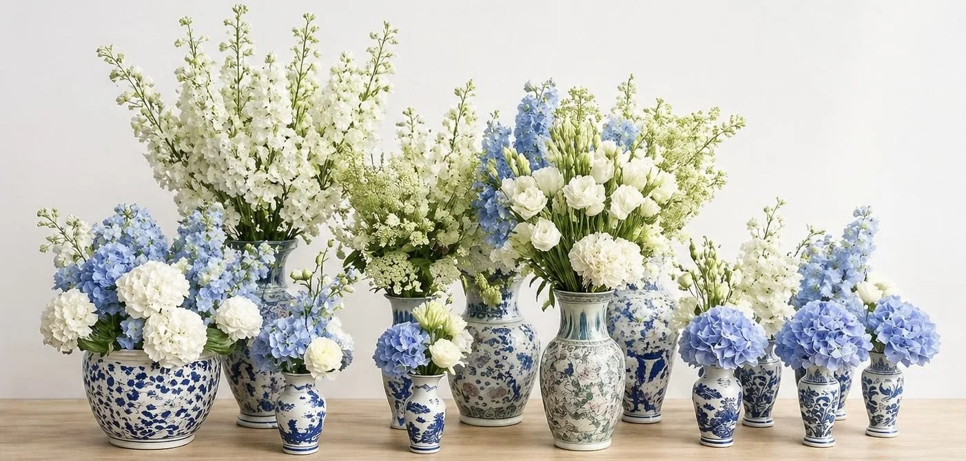 Multiple vases filled with white and blue hydrangeas and other white flowers arranged on a wooden surface.
