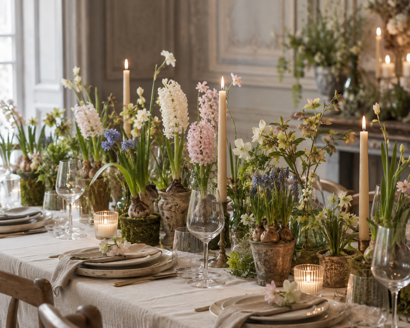 Elegant dining table decorated with potted hyacinths, daffodils, and other spring flowers, lit with candles and set with glassware and white plates.