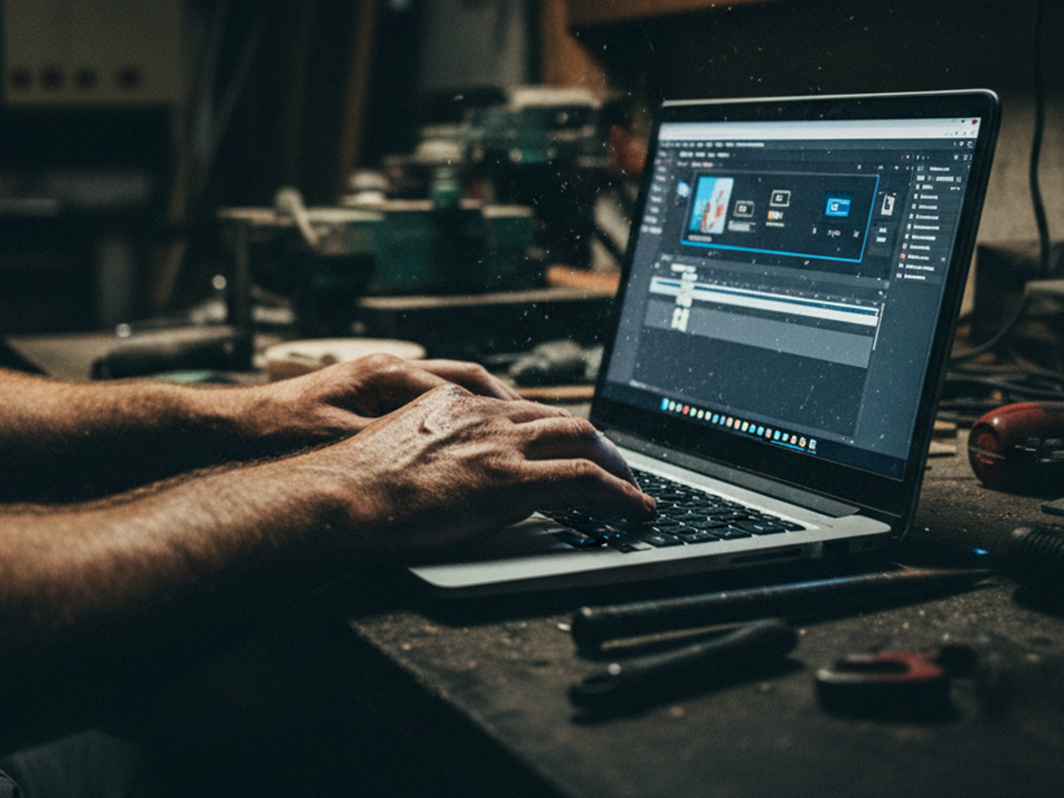 Contractor working on a laptop at his garage workbench surrounded by tools and project materials, managing business tasks and digital marketing from home