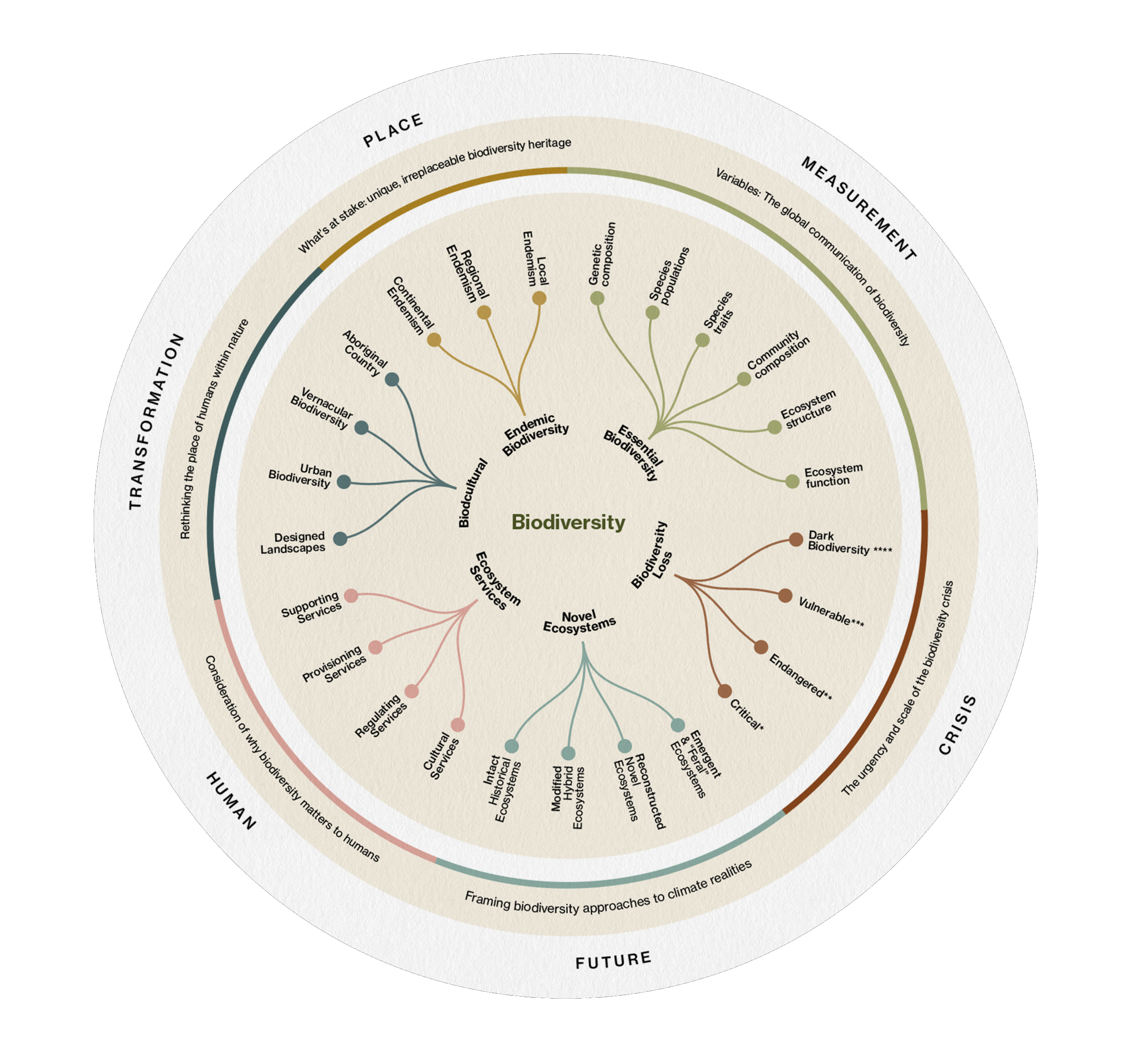 ircular diagram visualising biodiversity concepts including endemic biodiversity, ecosystem services, biodiversity loss and biocultural values — created for the AILA Biodiversity Positive Design Guide