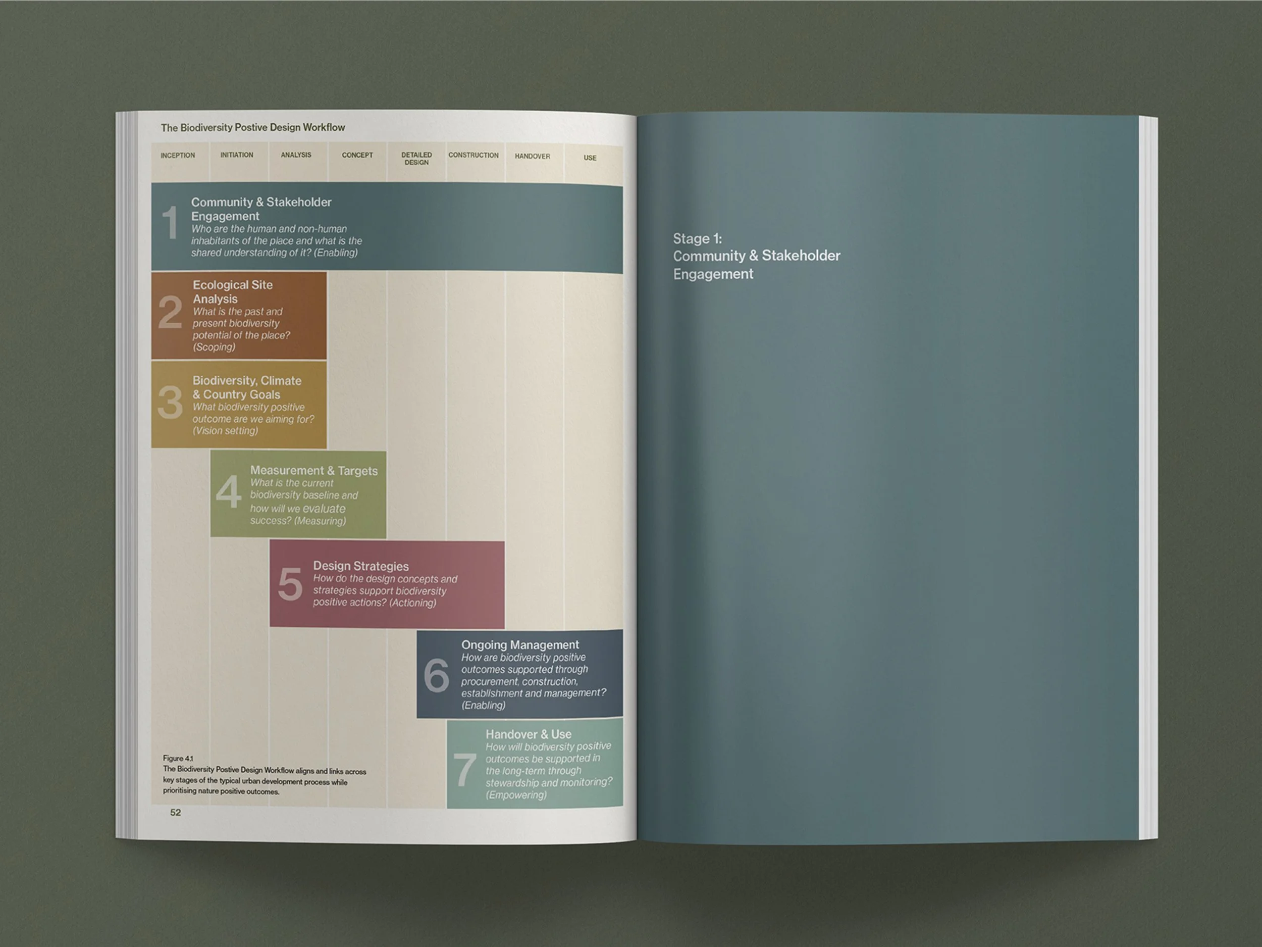 Seven-stage process diagram for biodiversity positive design showing stages from inception through to handover and use