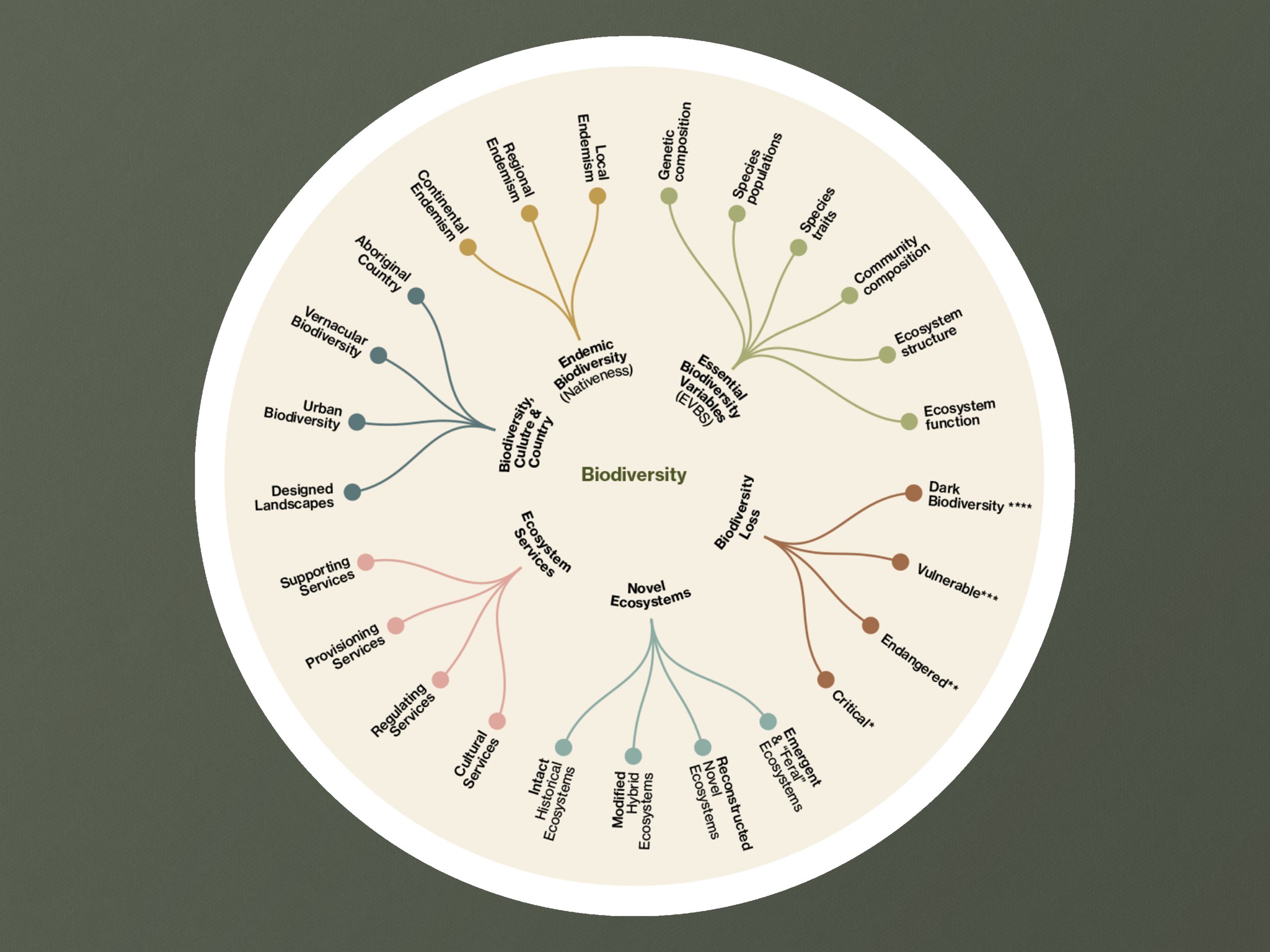 Circular diagram visualising biodiversity concepts including endemic biodiversity, ecosystem services, biodiversity loss and biocultural values