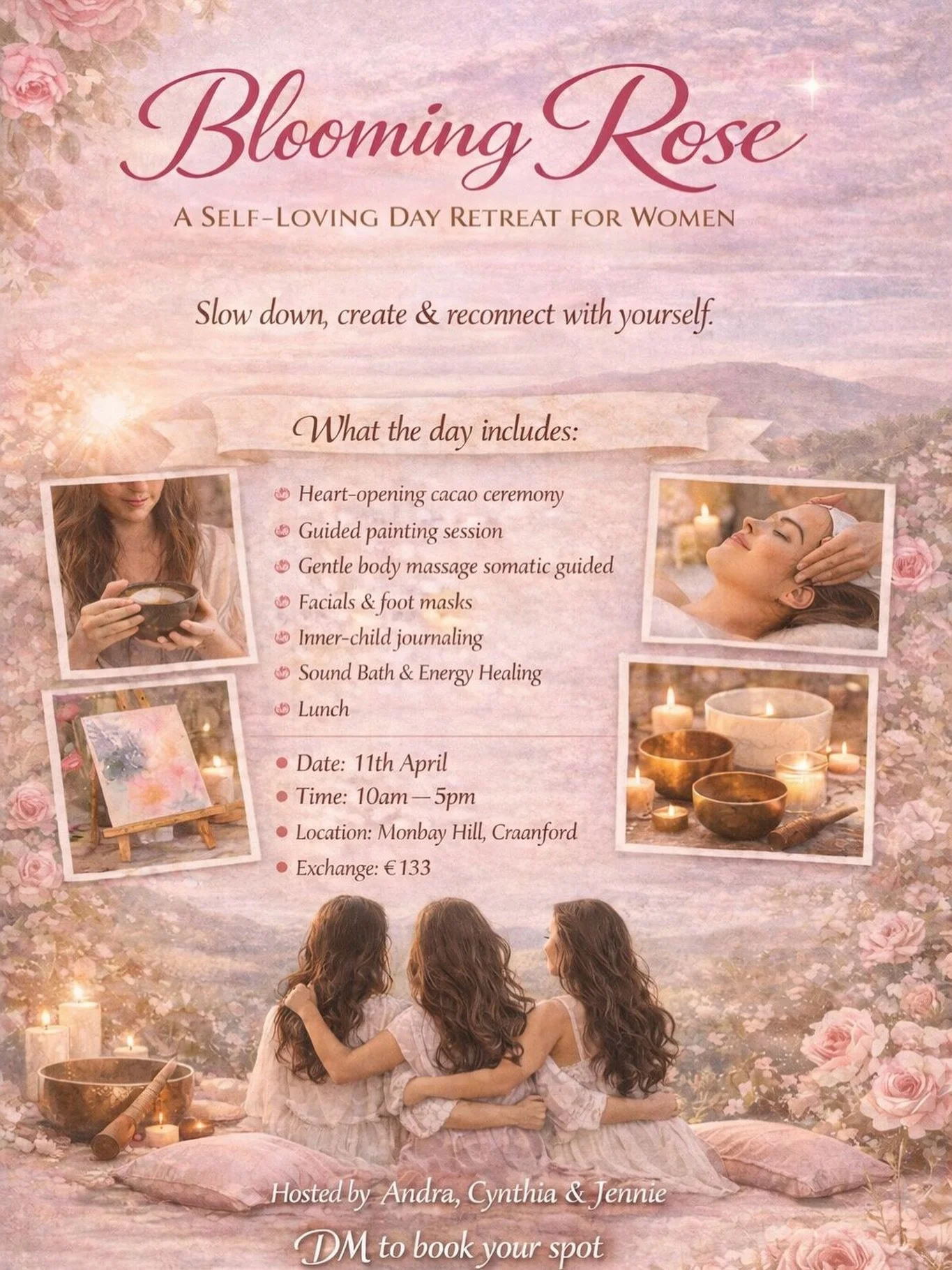🌹 Blooming Rose 🌹
A Self-Loving Day Retreat for Women 💗

A full day devoted to beauty, creativity, healing and joyful connection.
Slow down, create, receive and enjoy being held in a small, intimate circle of women.

💗 Includes:
&bull; Cacao cere
