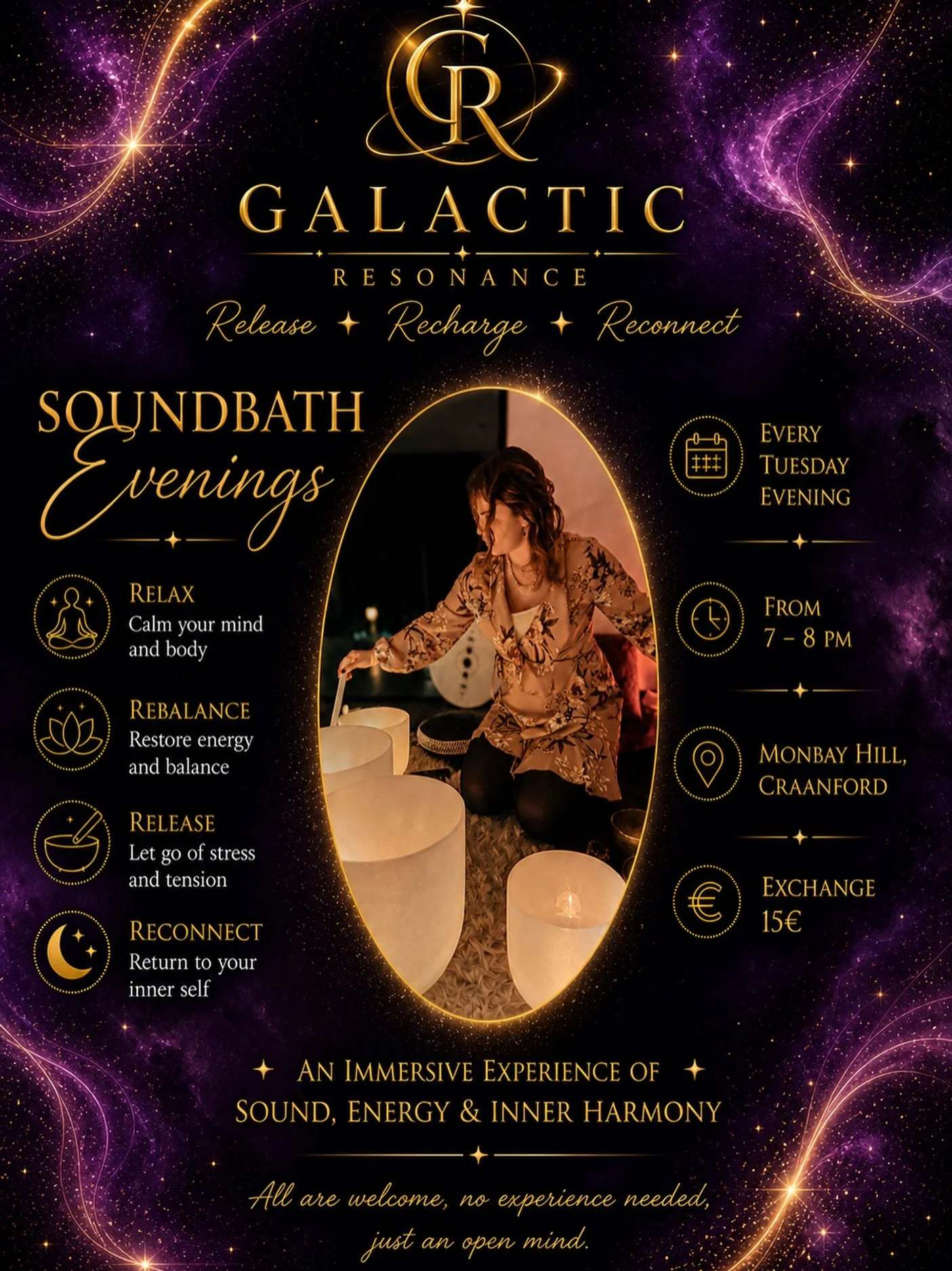 There&rsquo;s something powerful about slowing down&hellip;

Let go of the noise, the stress, the constant doing &mdash;
and allow yourself to simply be.

My Soundbath Evenings are designed to help you release what no longer serves you, reconnect to 