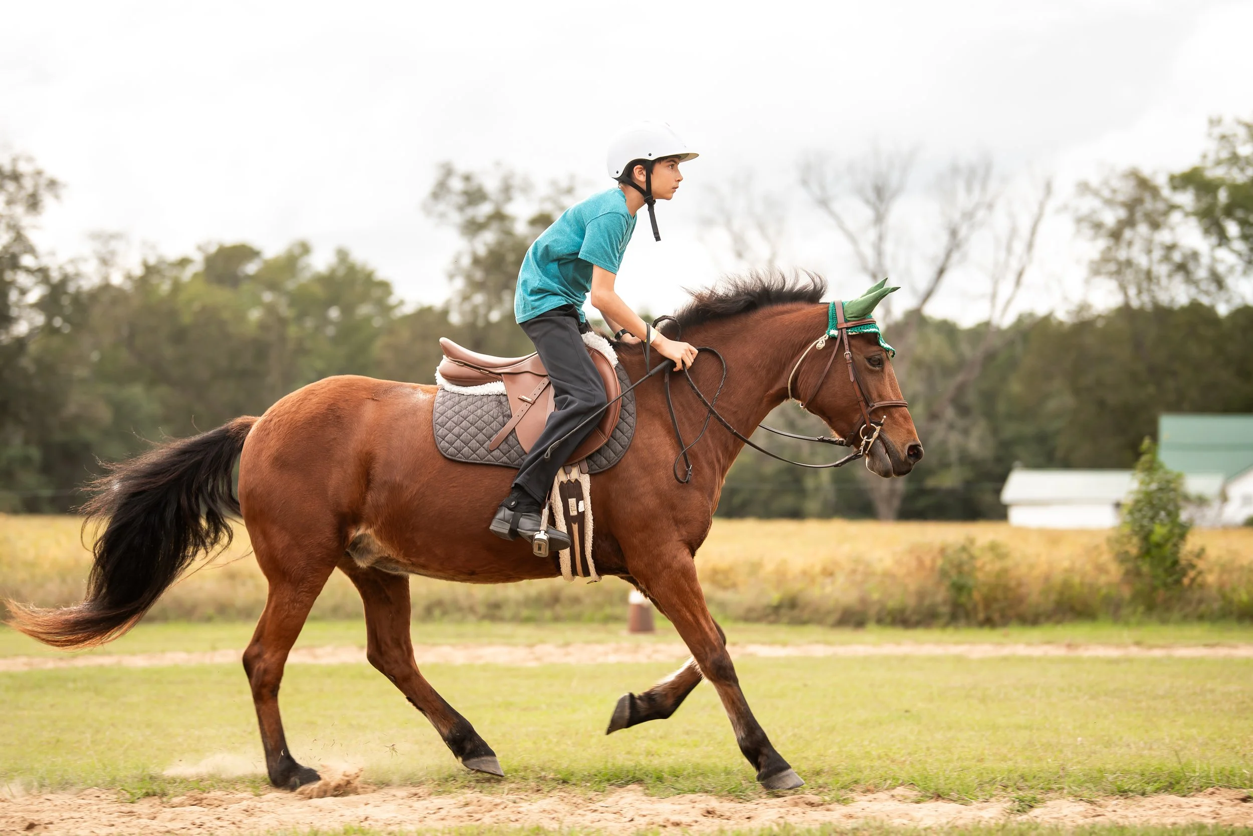 A young boy riding a brown horse with a black tail in an open field on a cloudy day.