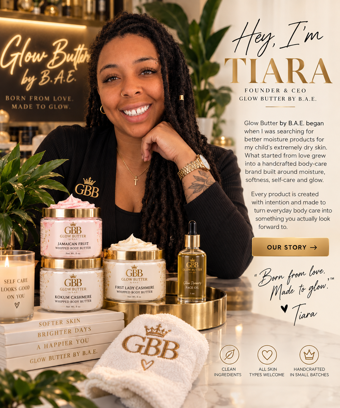 Tiara, founder of Glow Butter by B.A.E., with her handcrafted body-care products.