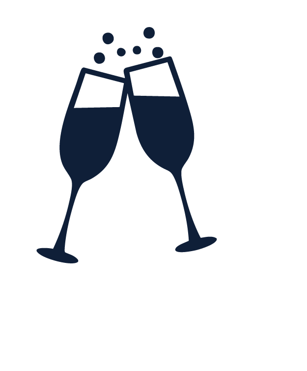 Two champagne glasses clinking together in a toast with bubbles rising from the glasses.