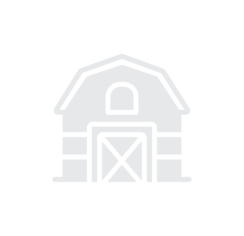Outline of a barn with a peaked roof, large doors with a cross pattern, and a small window above.