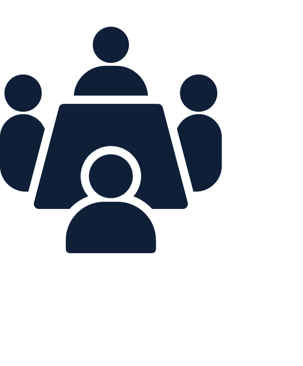 Icon of five people sitting around a table, representing a meeting or discussion.