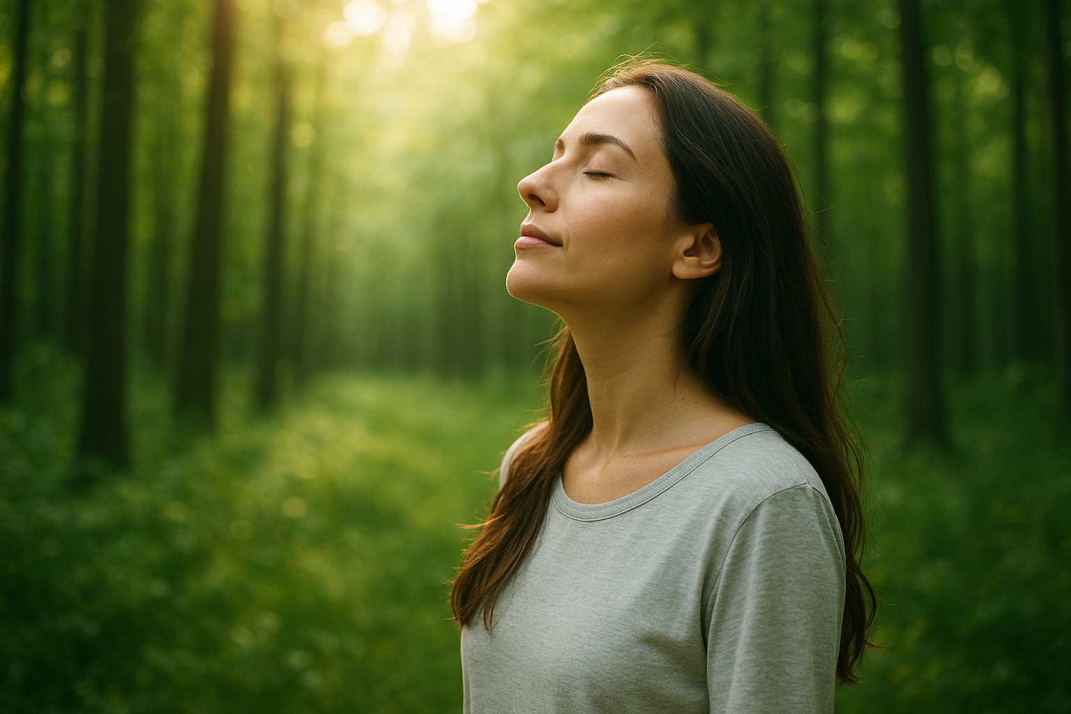 A woman with long dark hair standing in a green forest with her eyes closed and a peaceful expression, wearing a light gray shirt.