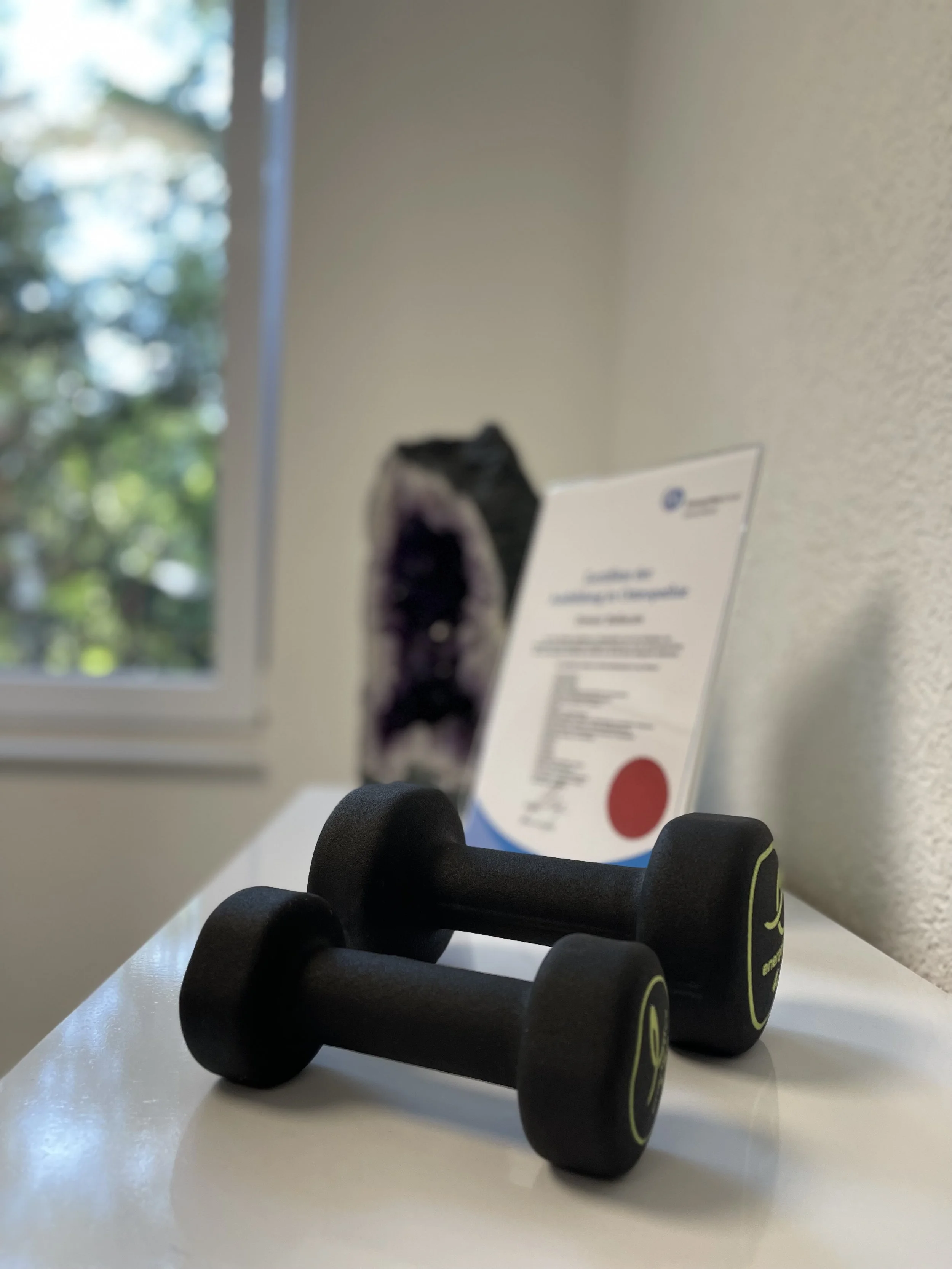 Kleine schwarze Hanteln mit grünen Akzenten liegen auf einem weißen Tisch. Im Hintergrund ist ein Fenster mit Bäumen draußen.
