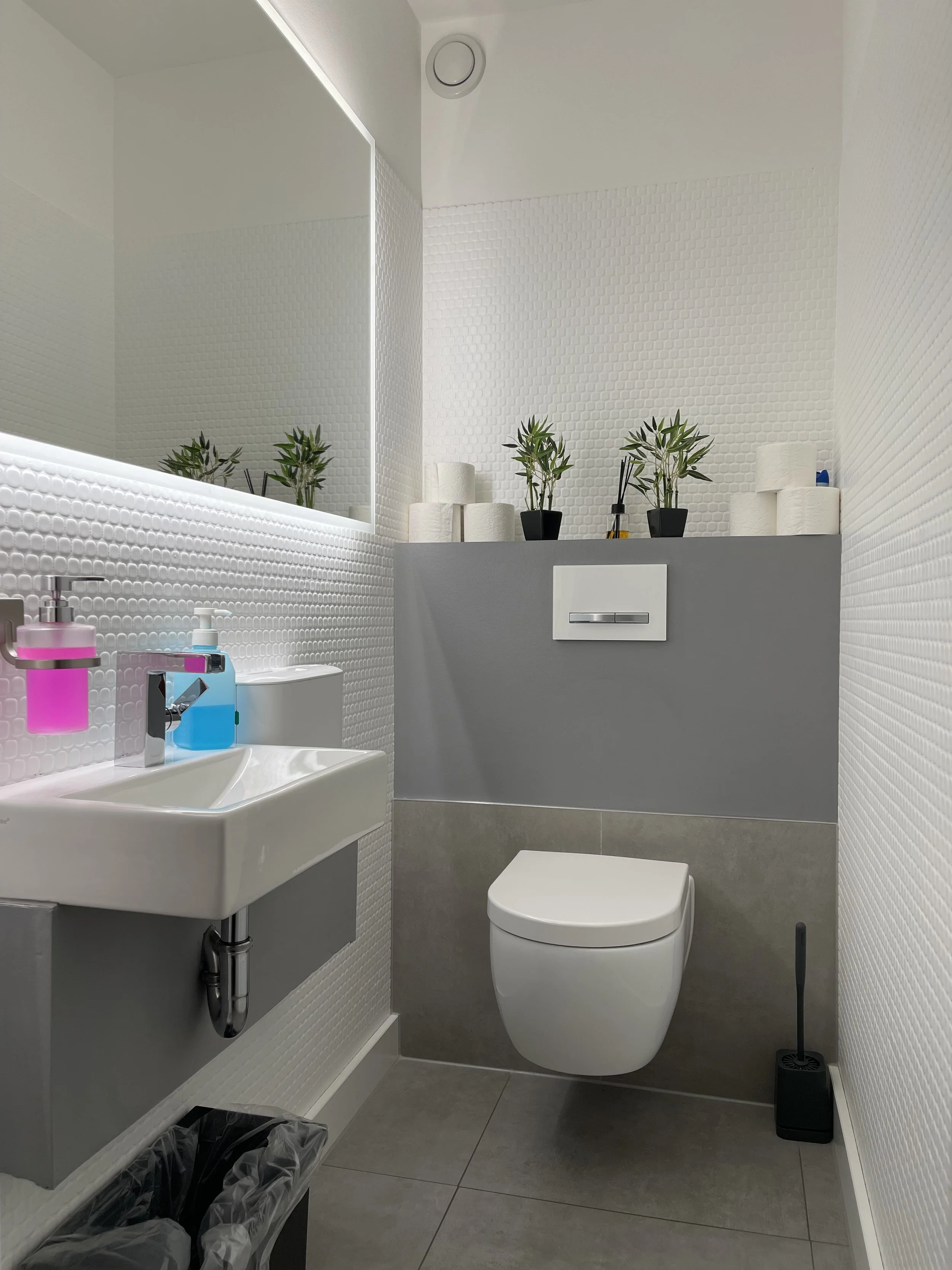 Ein modernes Badezimmer mit einer weißen Toilette, einem weißen Wandwaschbecken, einem großen Spiegel, einigen Pflanzen in schwarzen Töpfen, Toilettenpapierrollen, Seifenspender, und einem Abfalleimer. Die Wände sind mit weißen Fliesen mit einem Reliefmuster bedeckt, und der Boden ist grau.
