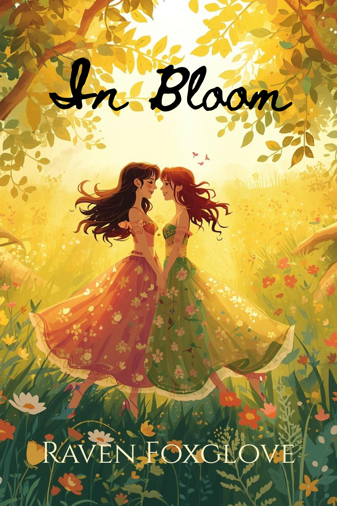 A floral-themed decorative poster with the title 'In Bloom' and a quote about growth, love, motherhood, and discovery. It features pastel-colored flowers and greenery in the background, with the author's name 'Raven Foxglove' at the bottom.