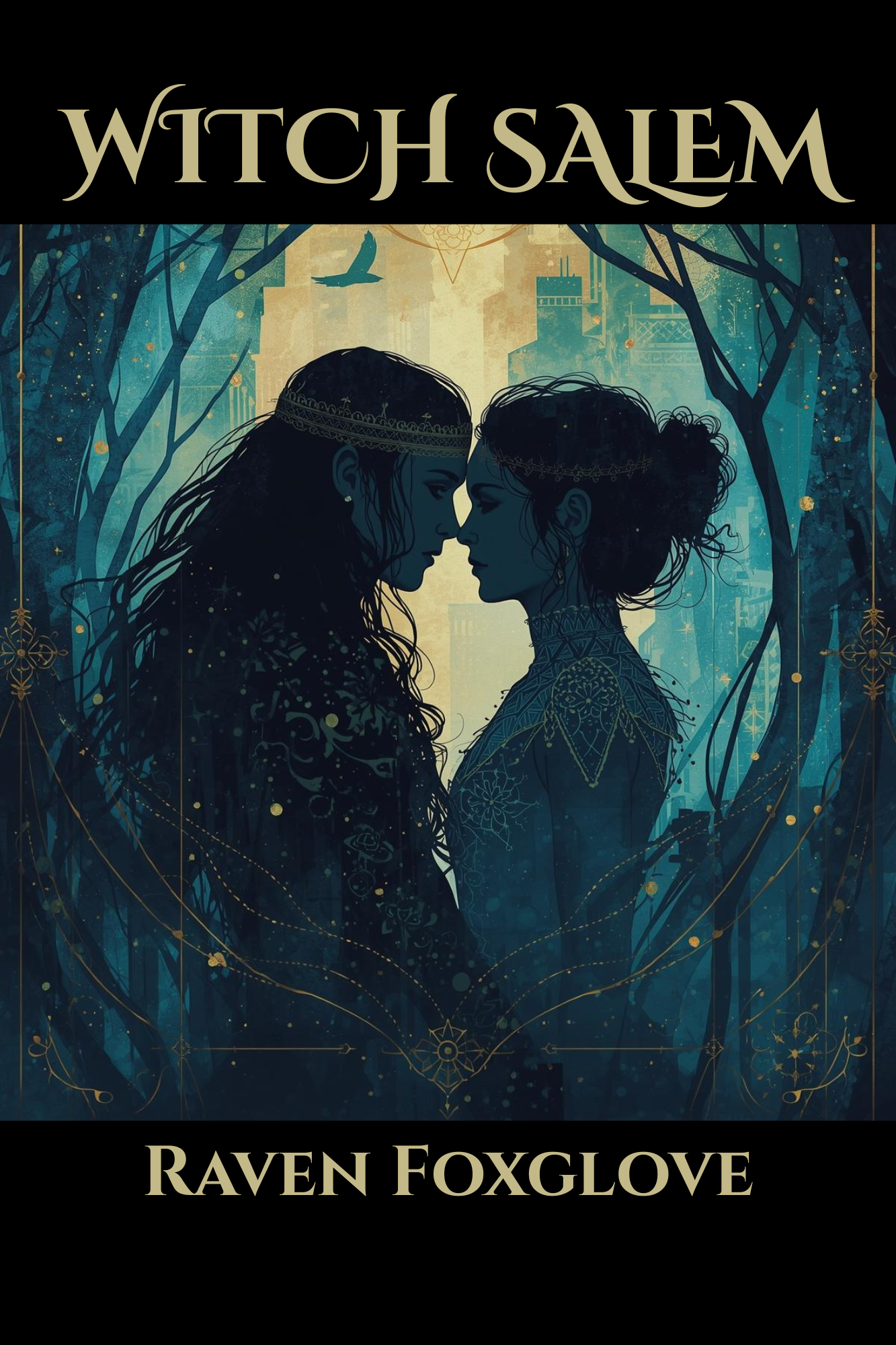 Book cover titled "Witch Salem" with a watercolor purple and pink background. It features an open spellbook with stars, moons, and magical symbols emerging from it. The author's name, Raven Foxglove, is at the bottom.