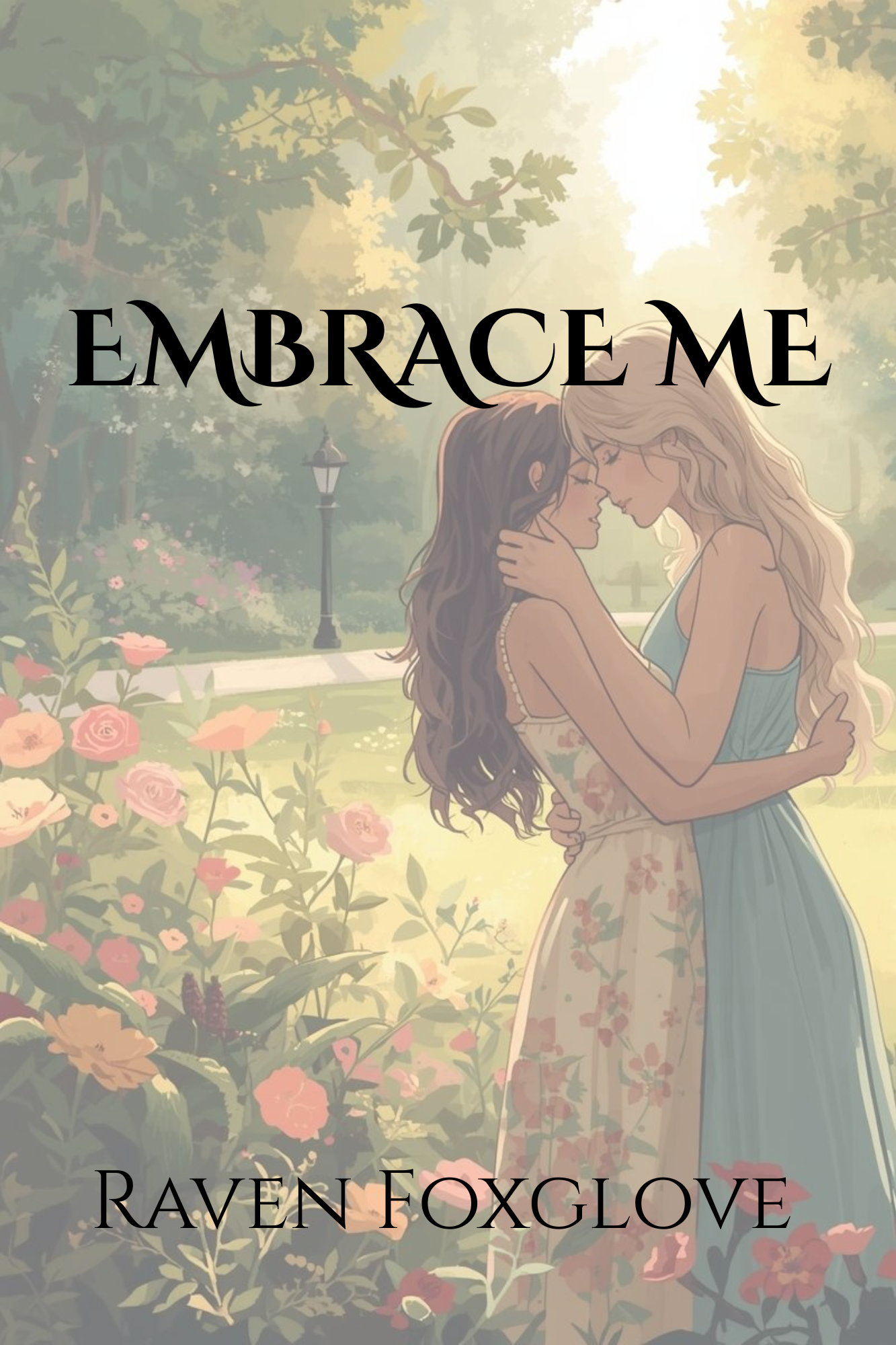Book cover titled 'Embrace Me,' featuring a line drawing of two hands holding each other, with the subtitle 'A Trilogy of LGBTQ+ Romance,' author 'Raven Foxglove,' and decorative branches.