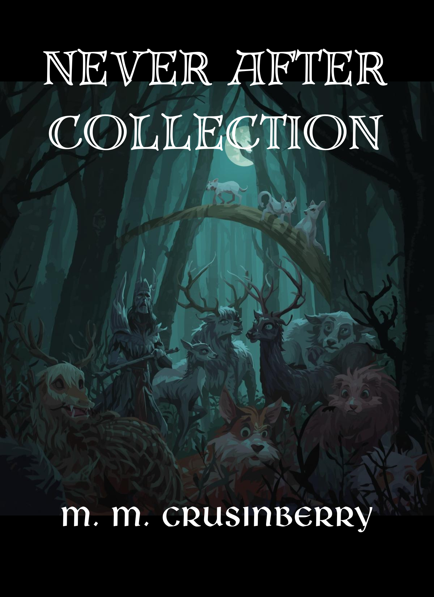 Book cover titled 'Happily Ever After Was a Lie, Welcome to Never After' by M. M. Crusinberry with decorative blue floral borders.