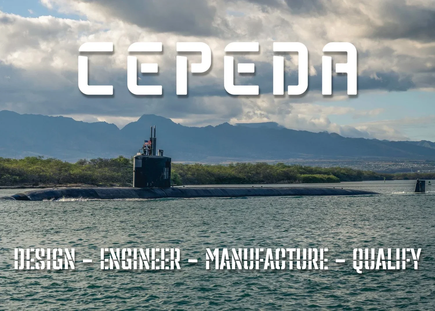 A submarine on the water with mountains in the background, overlaid with the words 'LEPEDA' and 'DESIGN - ENGINEER - MANUFACTURE - QUALITY'.