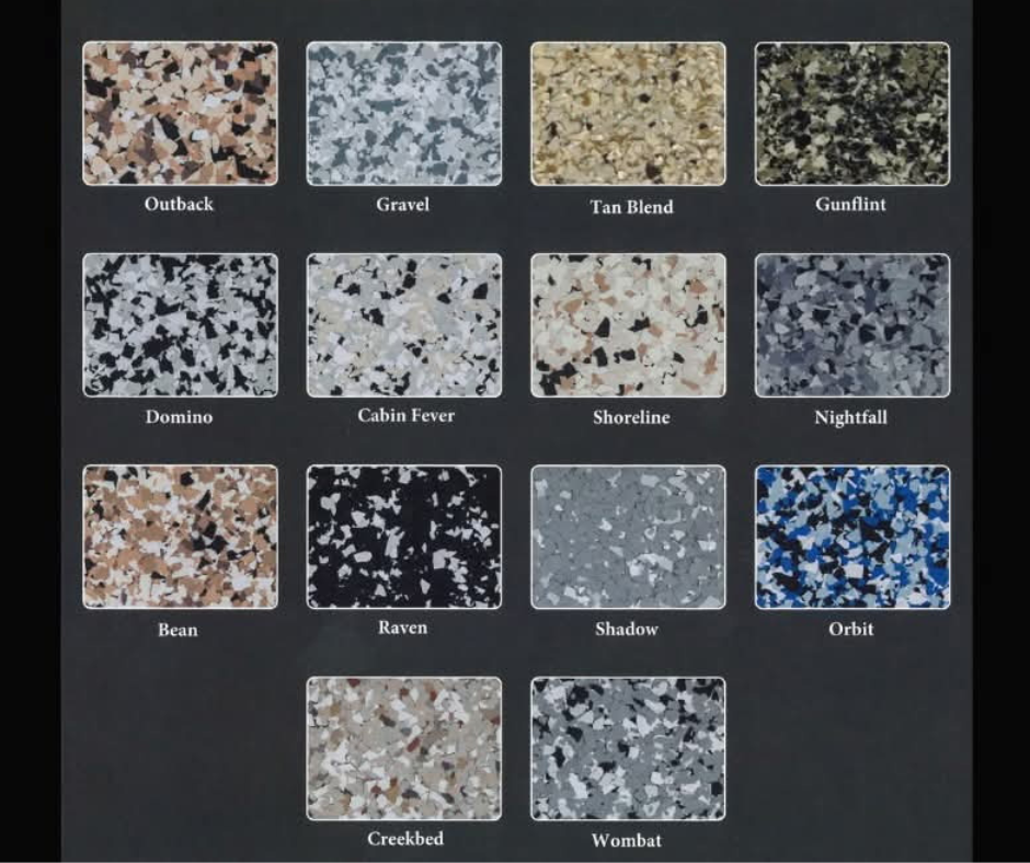 A color palette chart with 16 different granite patterns, each labeled with names like Outback, Gravel, Tan Blend, Gunflint, Domino, Cabin Fever, Shoreline, Nightfall, Bean, Raven, Shadow, Orbit, Creekbed, and Wombat.