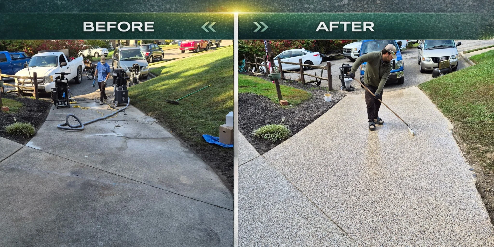 Comparison of a concrete walkway before and after resurfacing, showing removal of stains and cracks, with workers performing cleaning and finishing tasks.