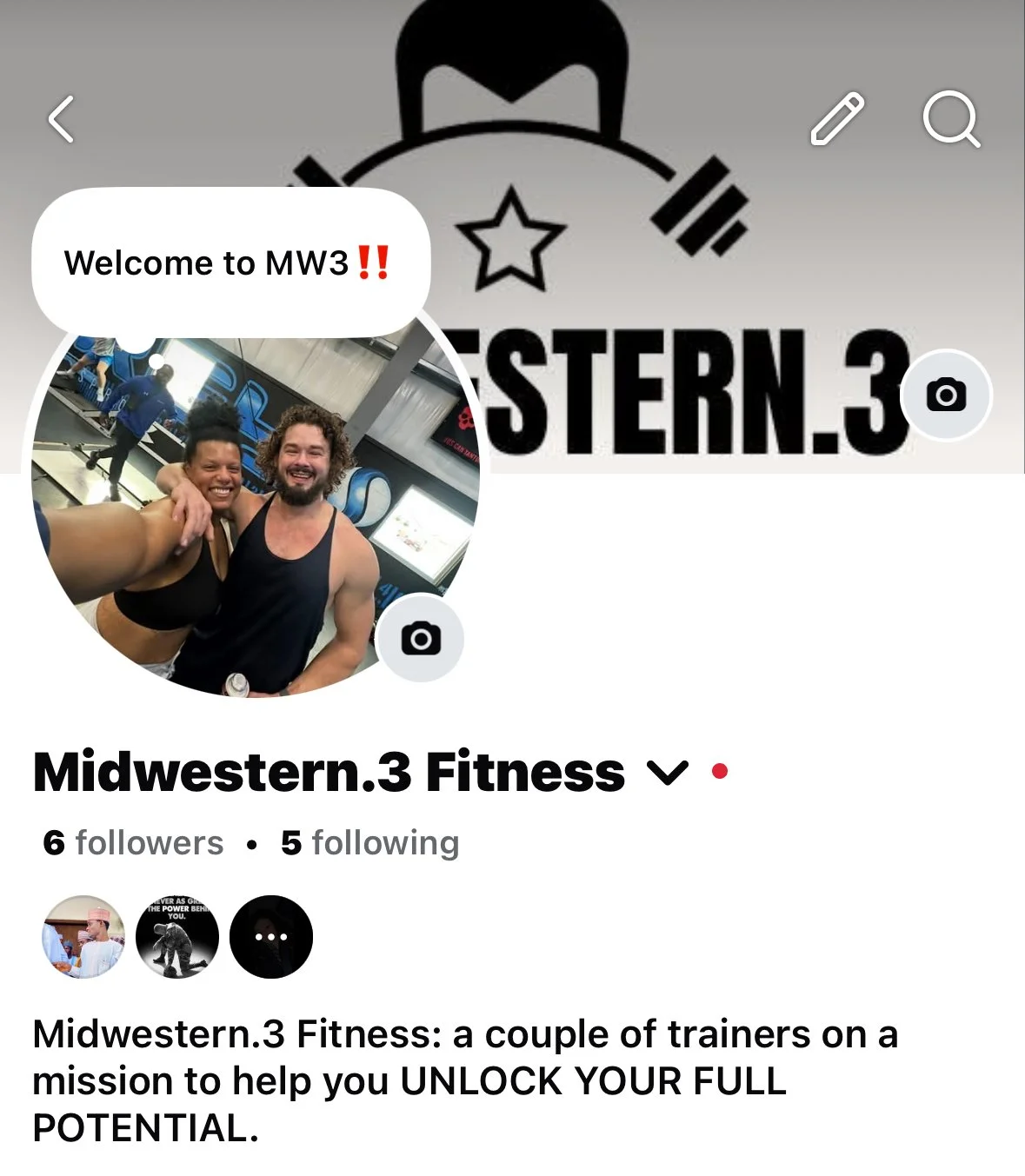 Social media profile of Midwestern.3 Fitness with a cover photo that includes a logo with a star, headphones, and the text 'EASTERN.3'. The profile features a picture of a man and woman smiling at a gym, with a speech bubble saying 'Welcome to MW3!!'