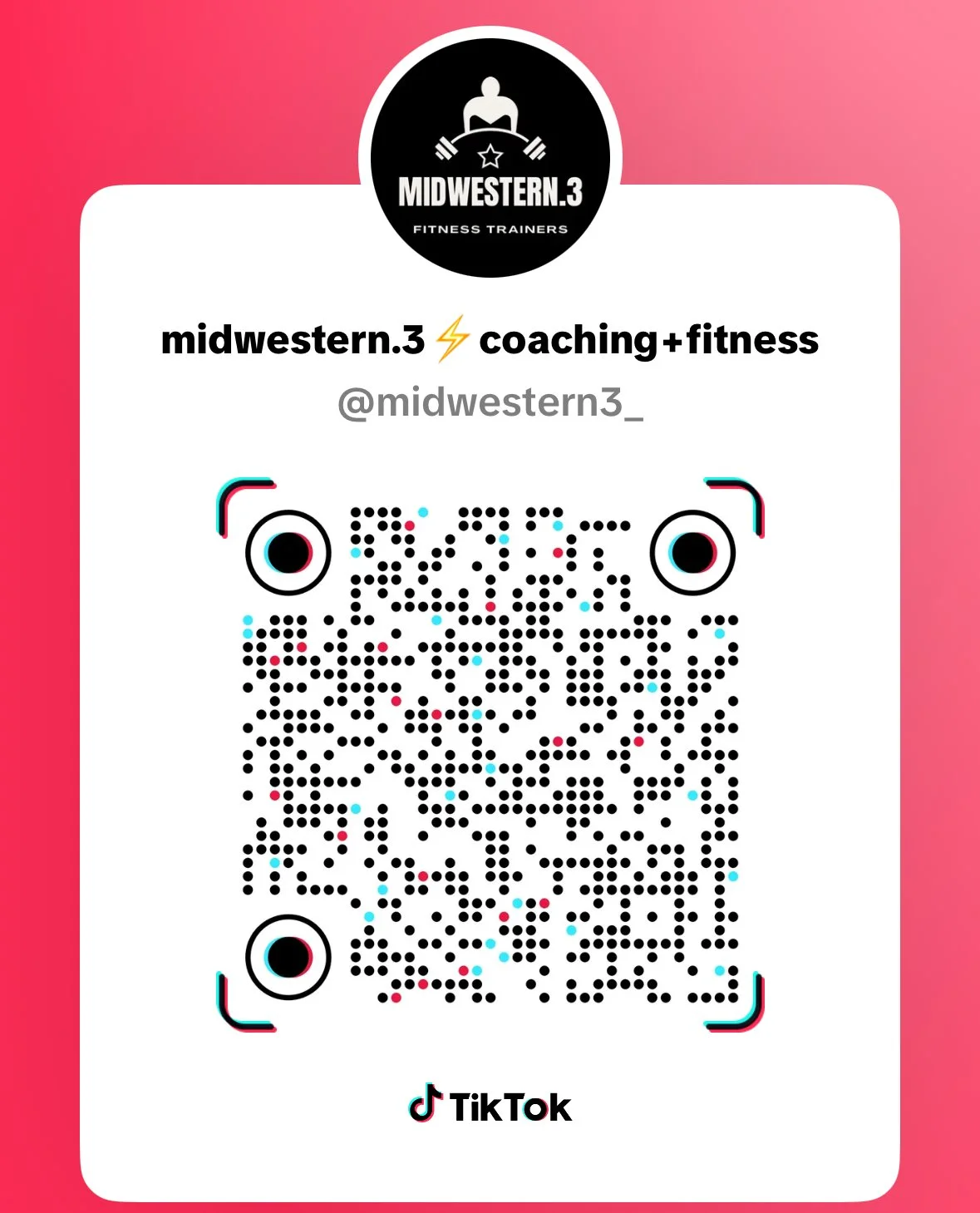 TikTok QR code for midwestern.3 coaching and fitness profile with Instagram handle @midwestern3_ at the top and a pink gradient background.