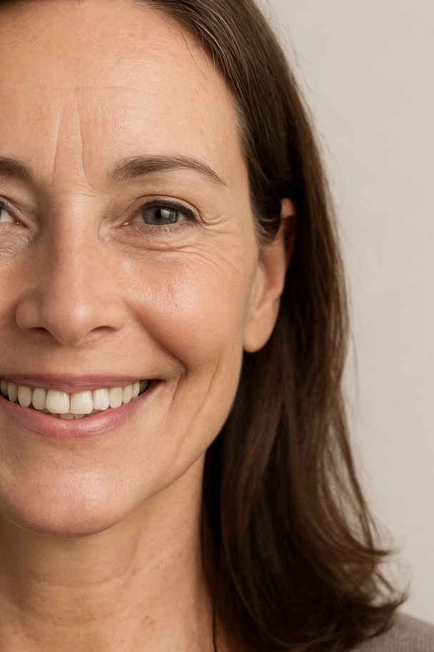 Close-up of a smiling middle-aged woman with brown hair, showing her face from the nose to the shoulder on a neutral background.