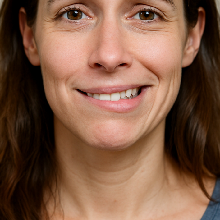 Close-up of smiling woman with brown hair and brown eyes