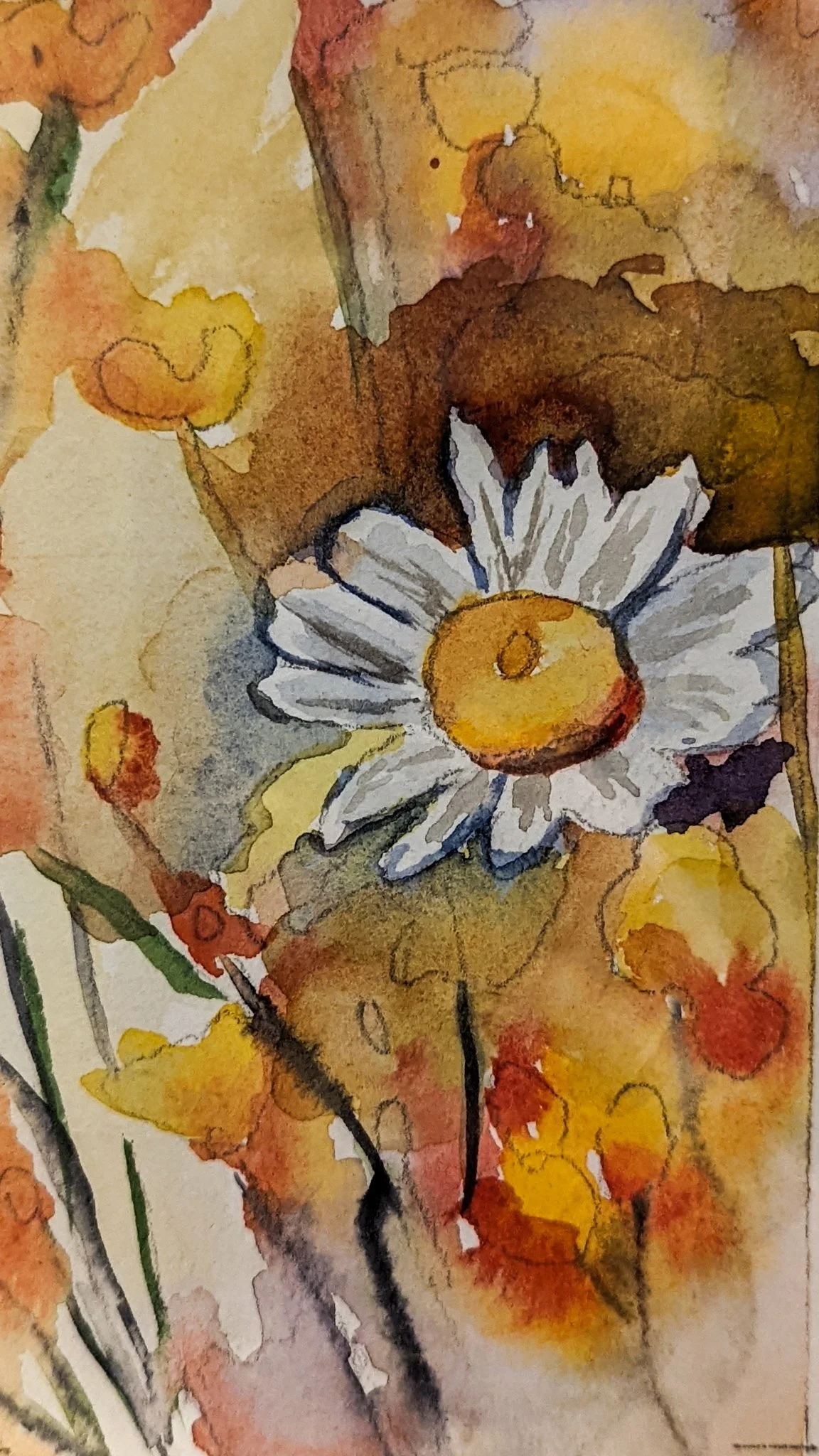 Watercolor painting of daisies and autumn leaves with warm orange, yellow, and brown tones.
