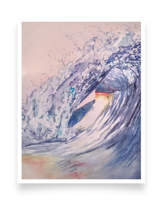 A watercolor painting of a large ocean wave curling over, with a hint of sunset light reflected on the water.