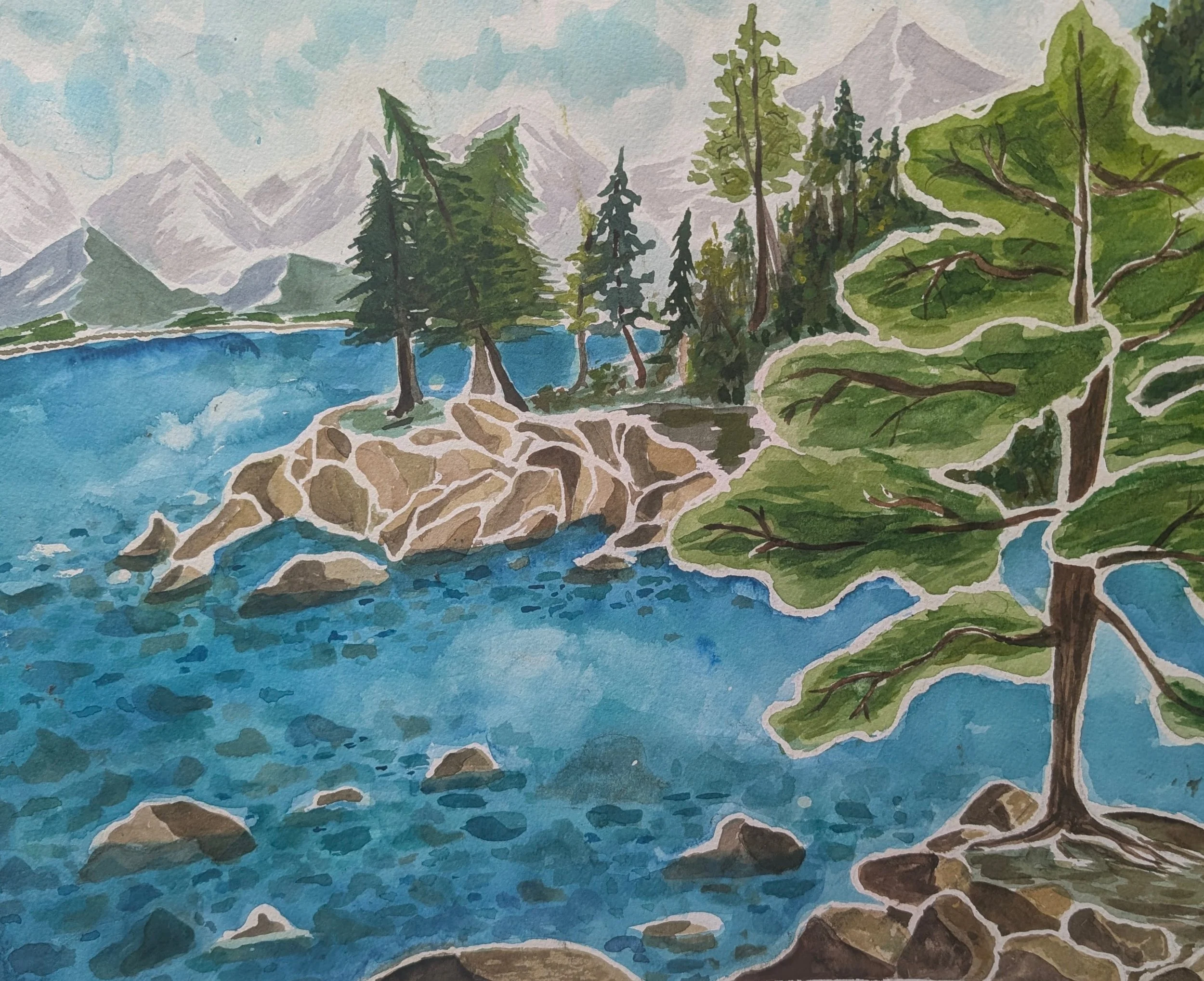 Watercolor painting of a mountain lake with rocks in the foreground, evergreen trees on the shore, and snow-capped mountains in the background under a partly cloudy sky.