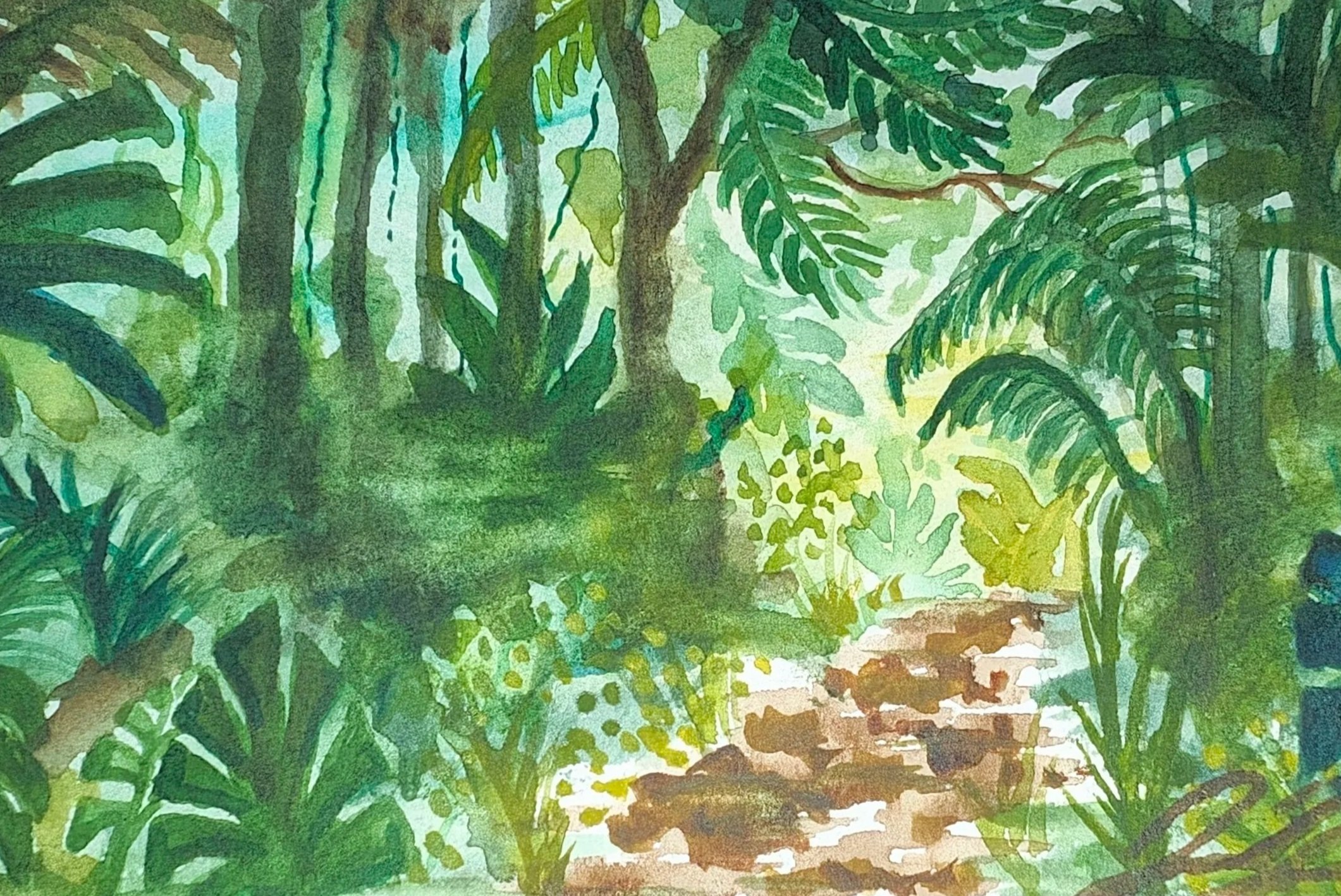 Watercolor painting of a lush green jungle with dense foliage, trees, and a small stone pathway.