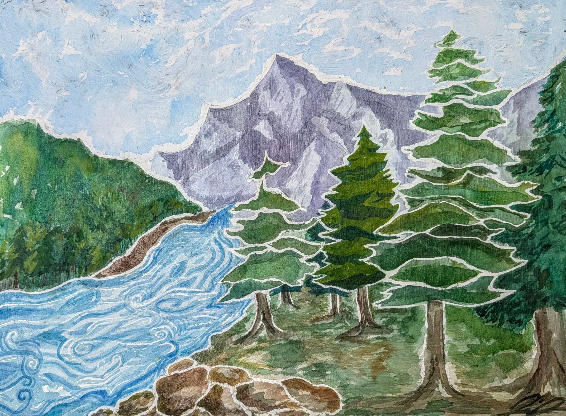 A watercolor painting of a mountain landscape with a river, pine trees, green grass, and a cloudy sky.