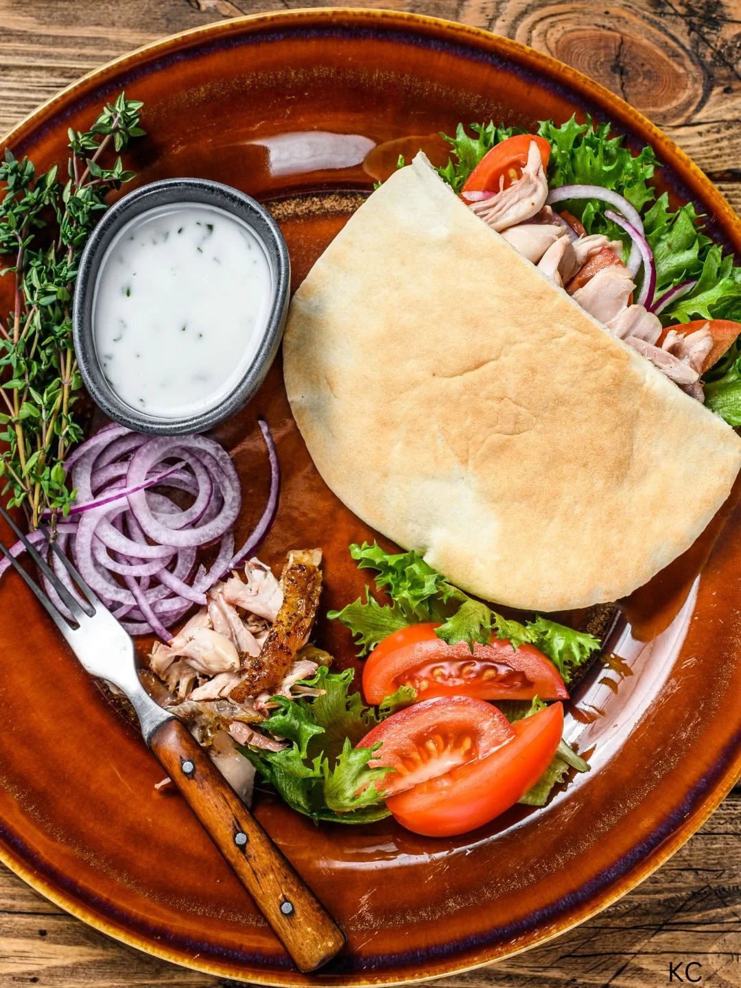 Chicken pita with pickled onion, tomato, and tzatziki, and 