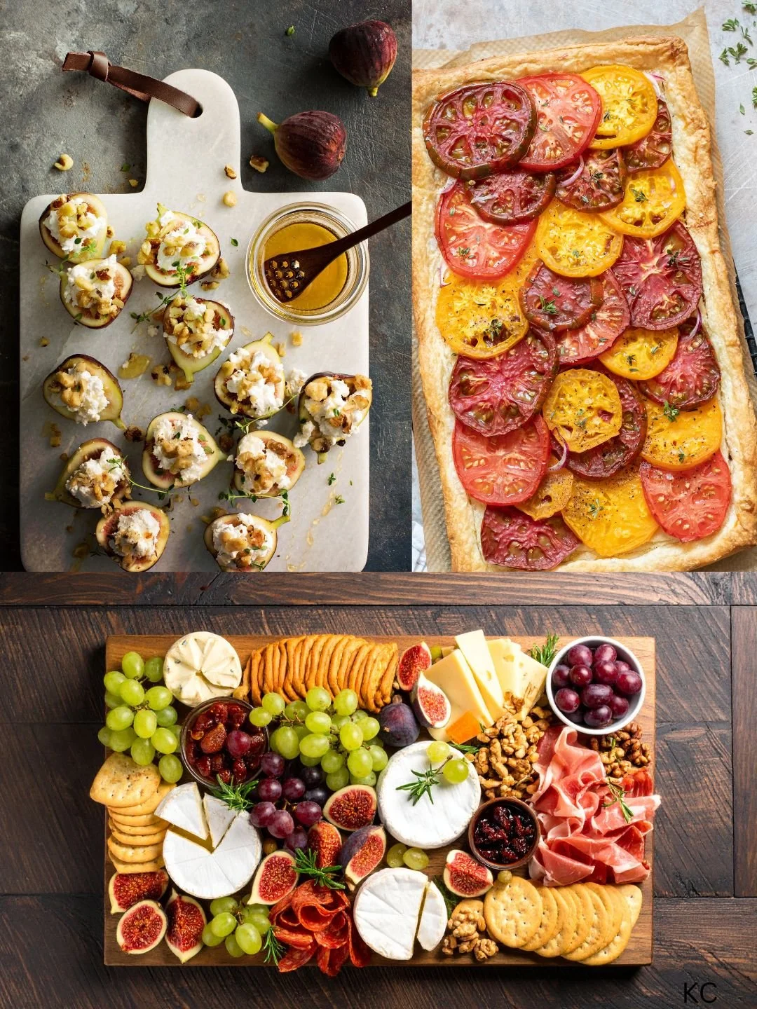 Bacon Wrapped Dates with Bourbon Sauce, tomato tart, charcuterie platter 