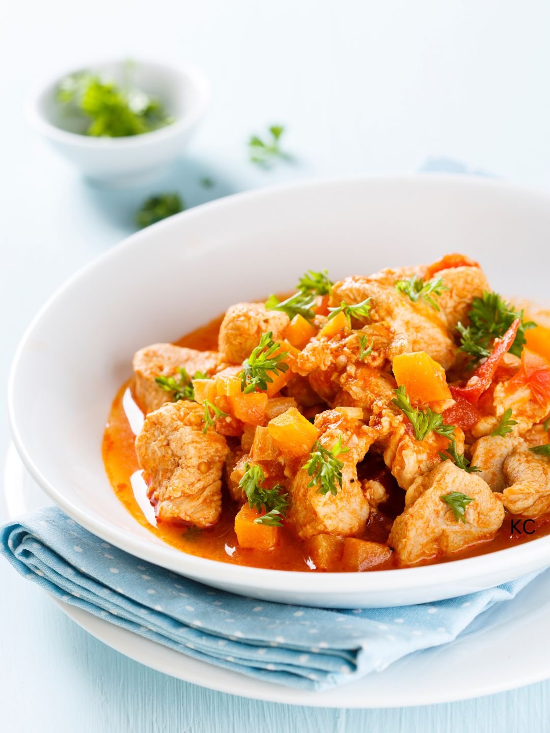 Bowl of chicken stew with vegetables and cilantro garnished