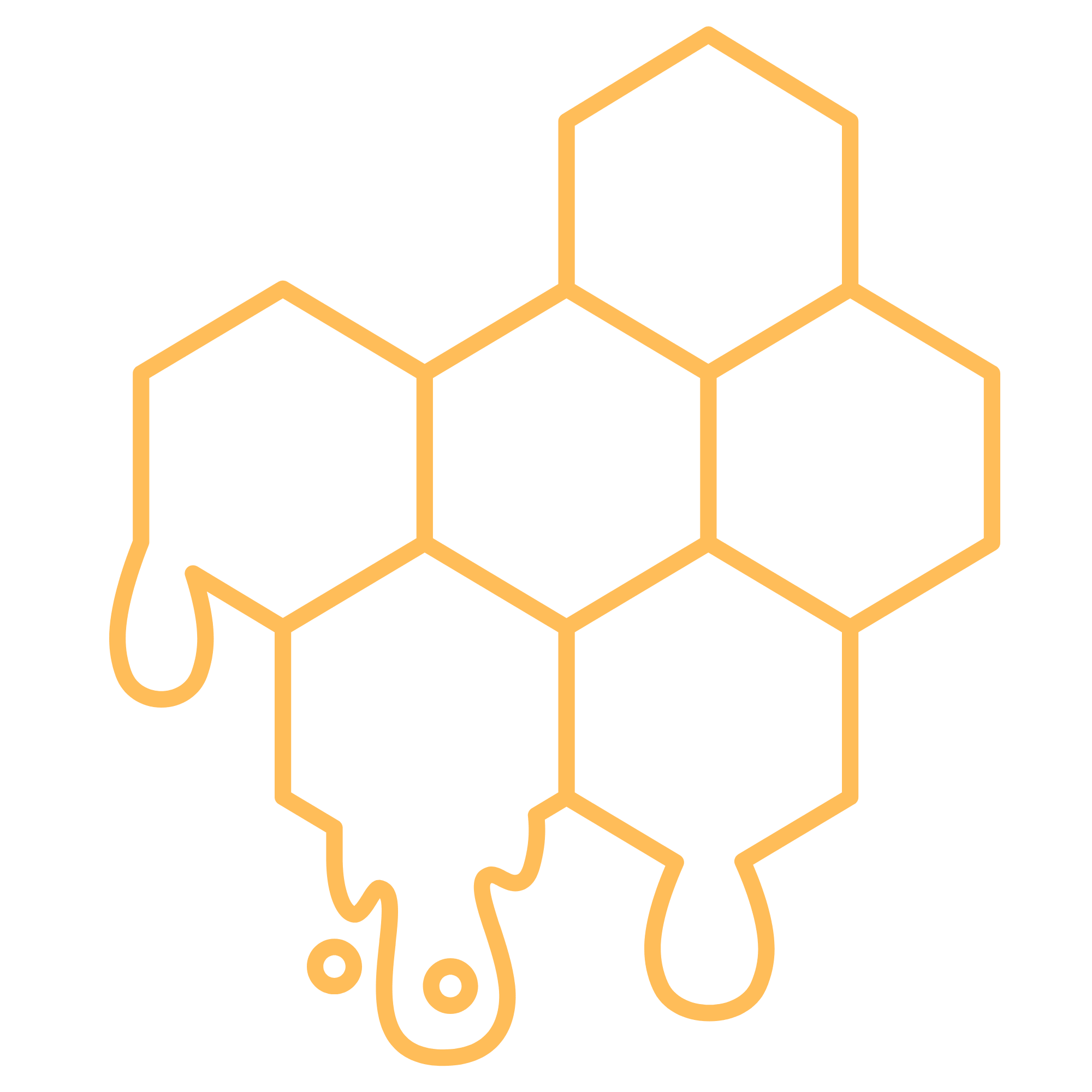 Outline of a bee with wings, body, and antennae, decorated with honeycomb hexagons, on a black background.