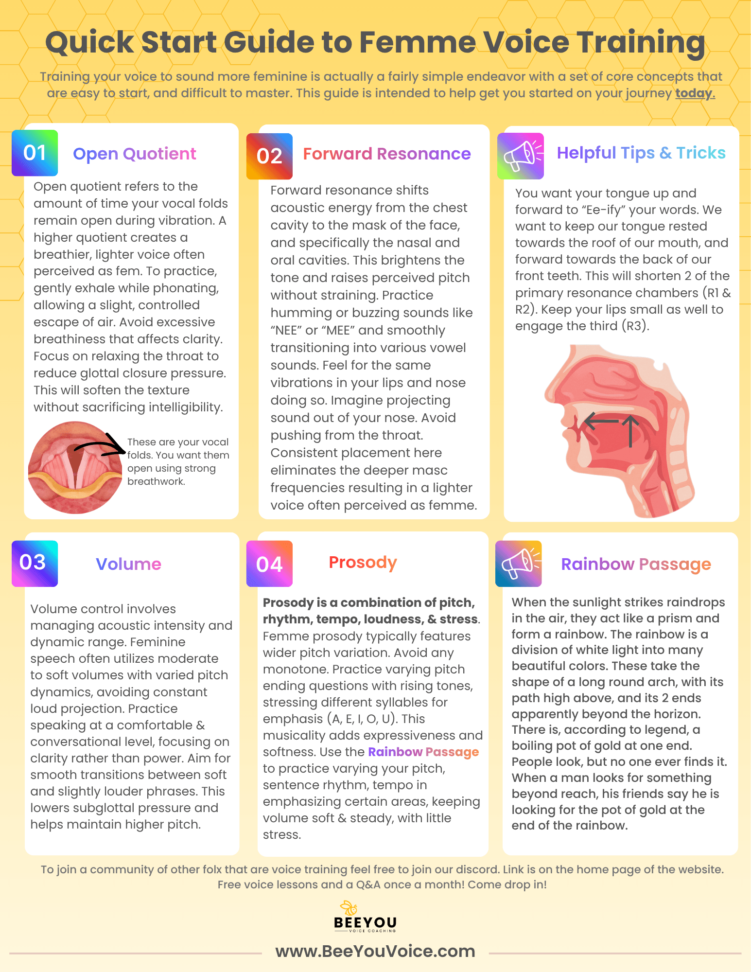 A colorful guide titled 'Quick Start Guide to Femme Voice Training' with five sections explaining voice training concepts, including Open Quotient, Forward Resonance, Helpful Tips & Tricks, Volume, Prosody, and Rainbow Passage. The guide features icons, illustrations, and detailed descriptions for each concept.
