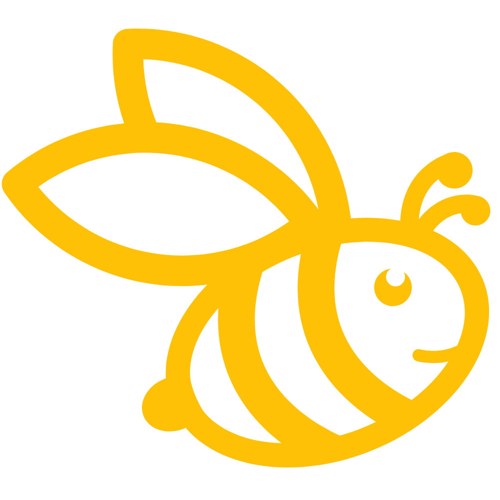 A simple, stylized yellow outline drawing of a bee with black stripes on its body, wings, antennae, and a smiling face