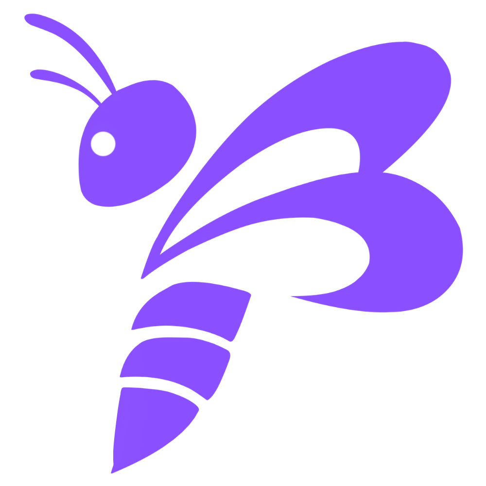 A cartoon purple dragonfly with large wings and a segmented tail.