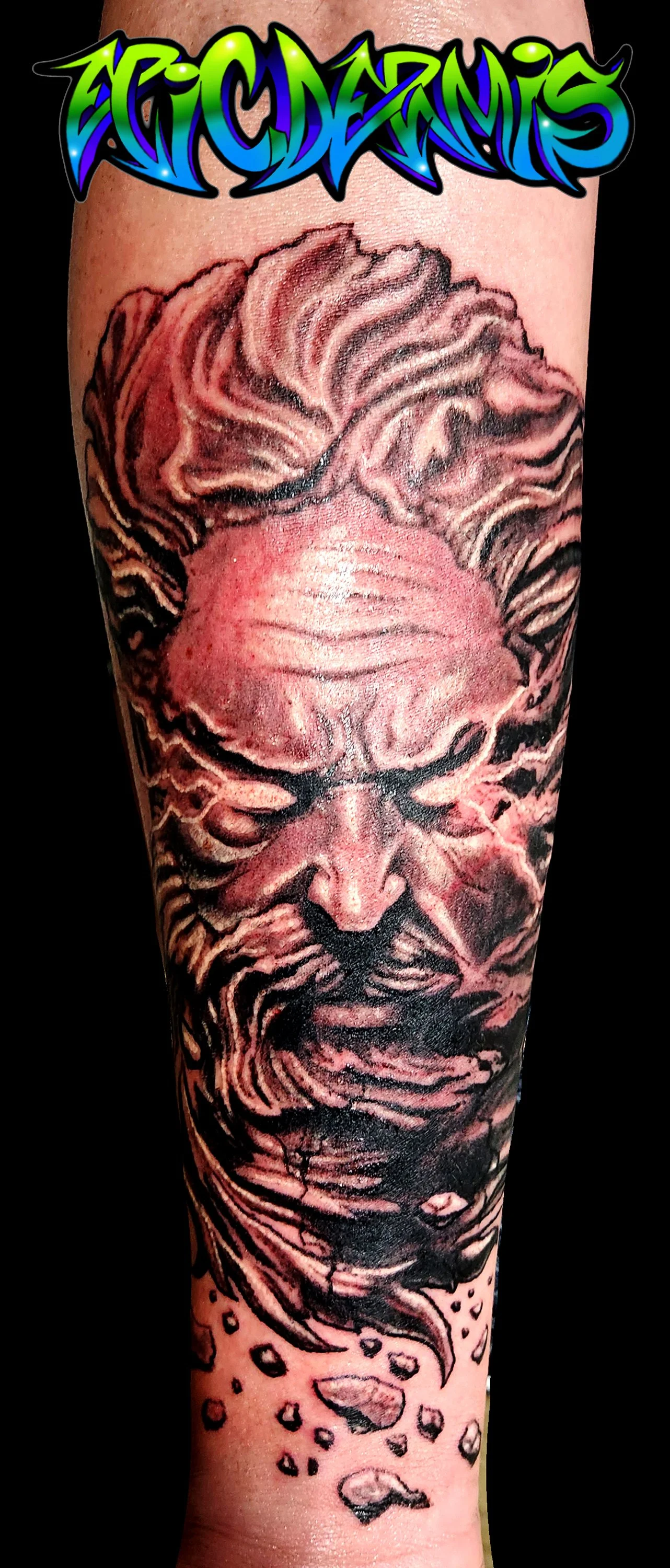 Zeus statue black and grey forearm tattoo done by Colin Nolt at Epicdermis tattoo shop Lancaster Pennsylvania 